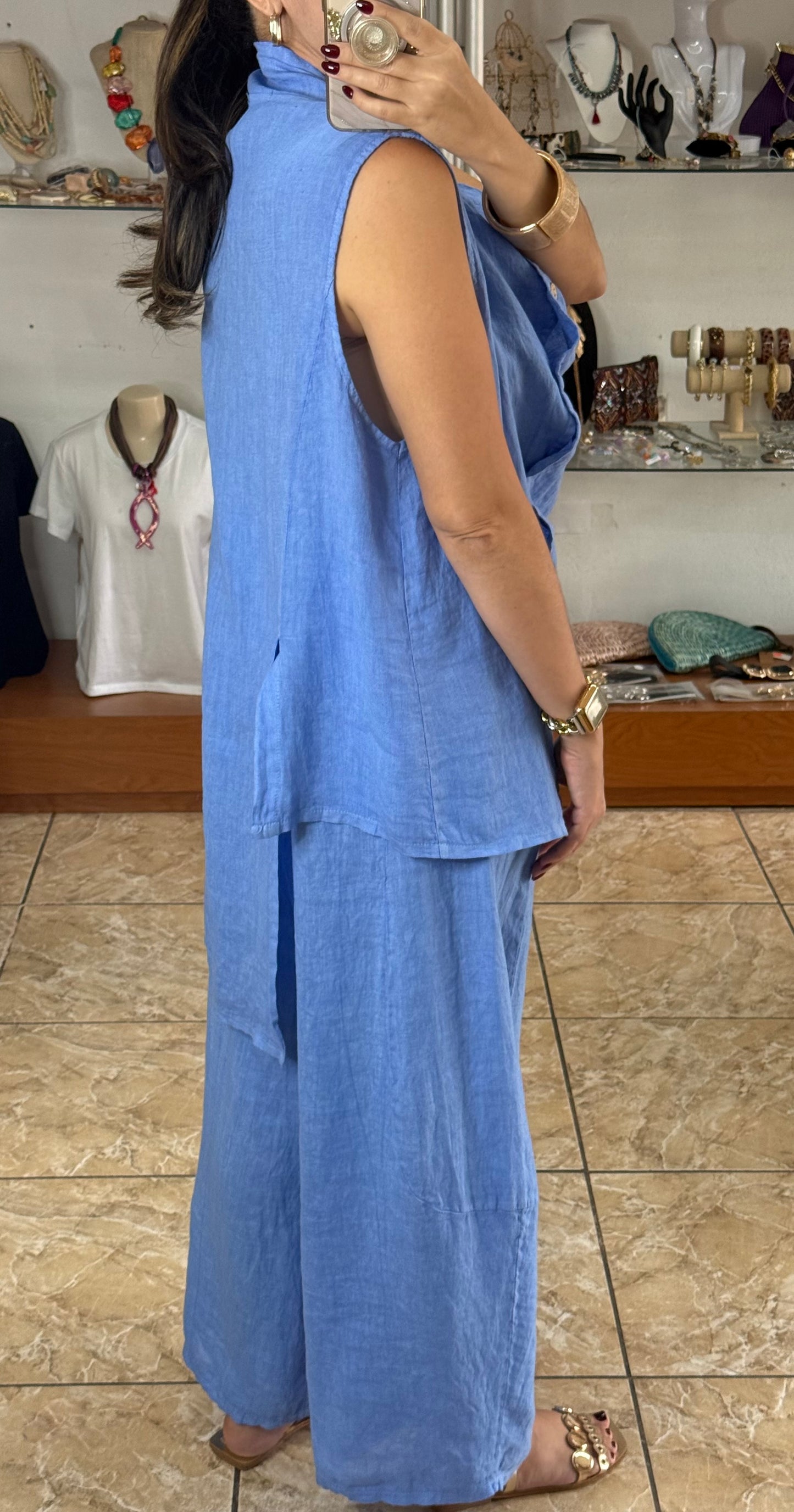 OS Linen Asymmetrical Top & Barrel Pant Set (NO RETURNS OR EXCHANGE)