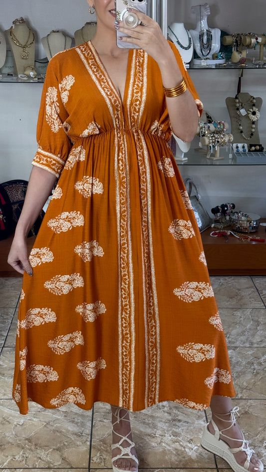 Pumpkin Border Print Woven Midi Dress