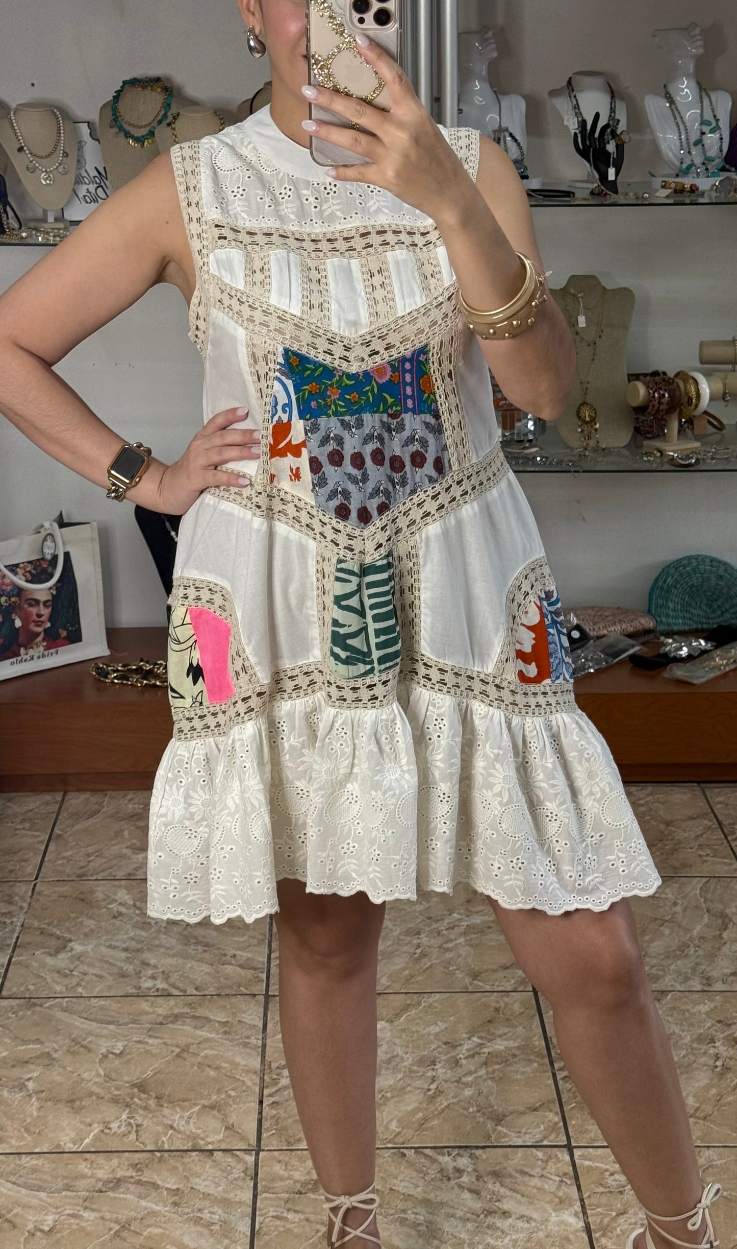 Patches and Eyelet Sleeveless Mini Dress