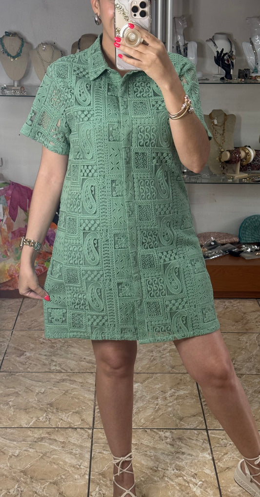 Sage Lace Button Down Dress