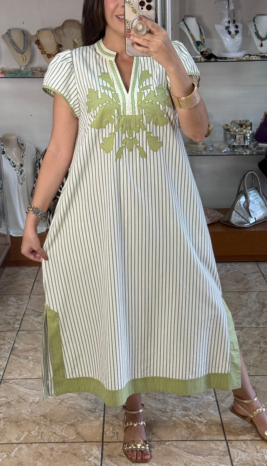 Sage Stripes Embroidered Midi Dress