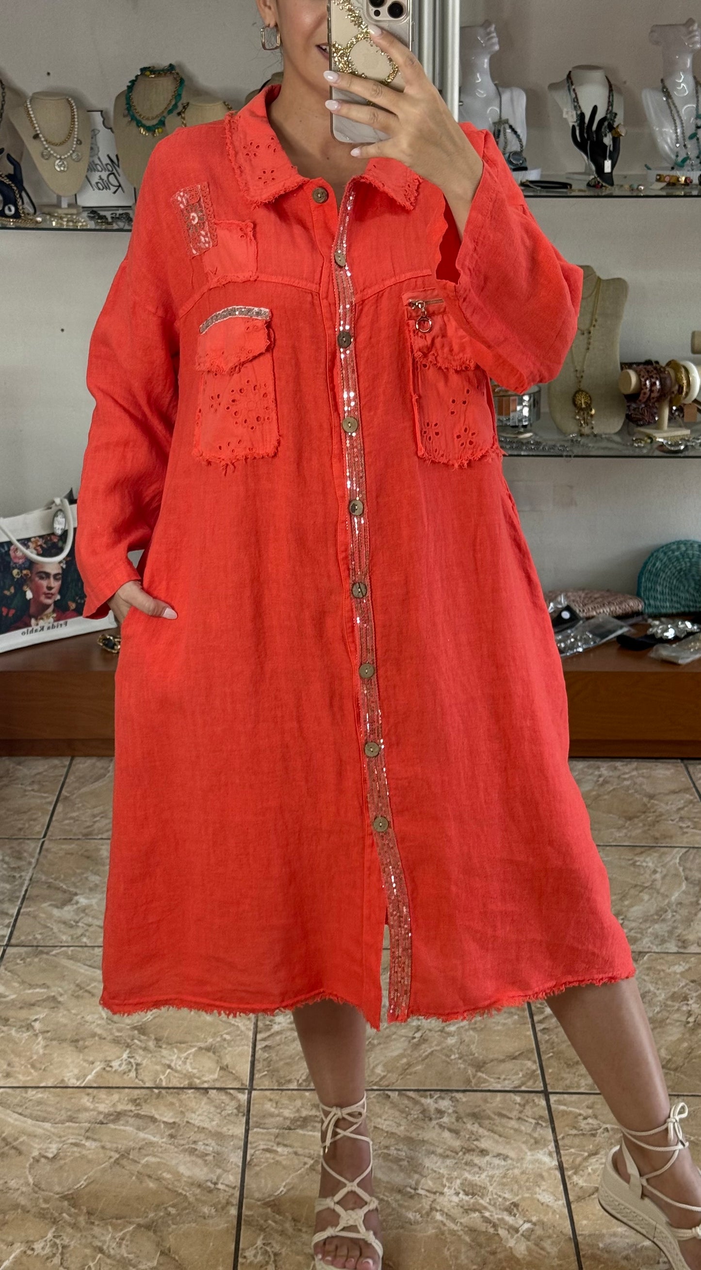 Long Sleeves OS Linen Midi Dress (NO RETURNS OR EXCHANGE)