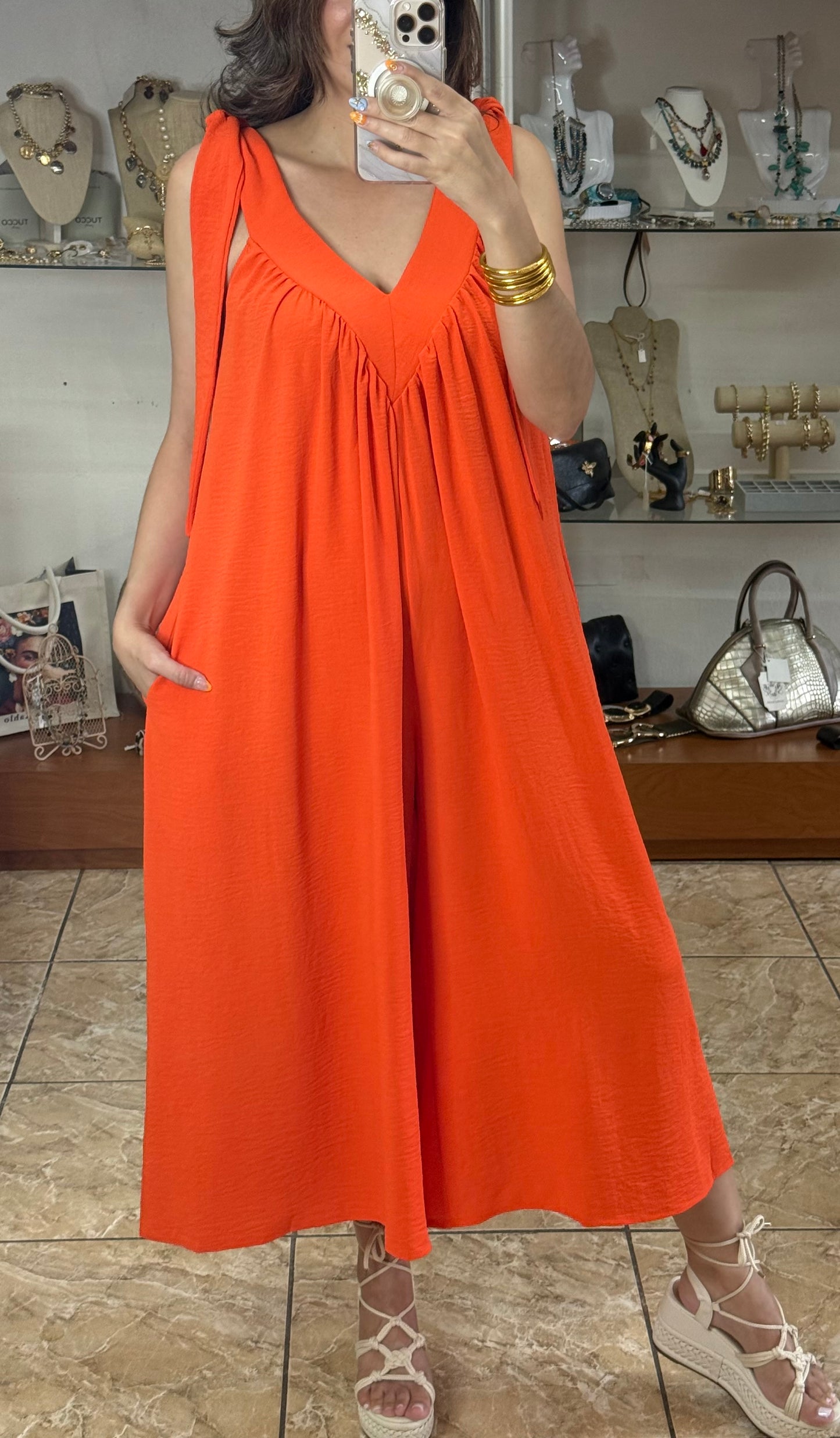 V-Neck Orange Jumpsuit