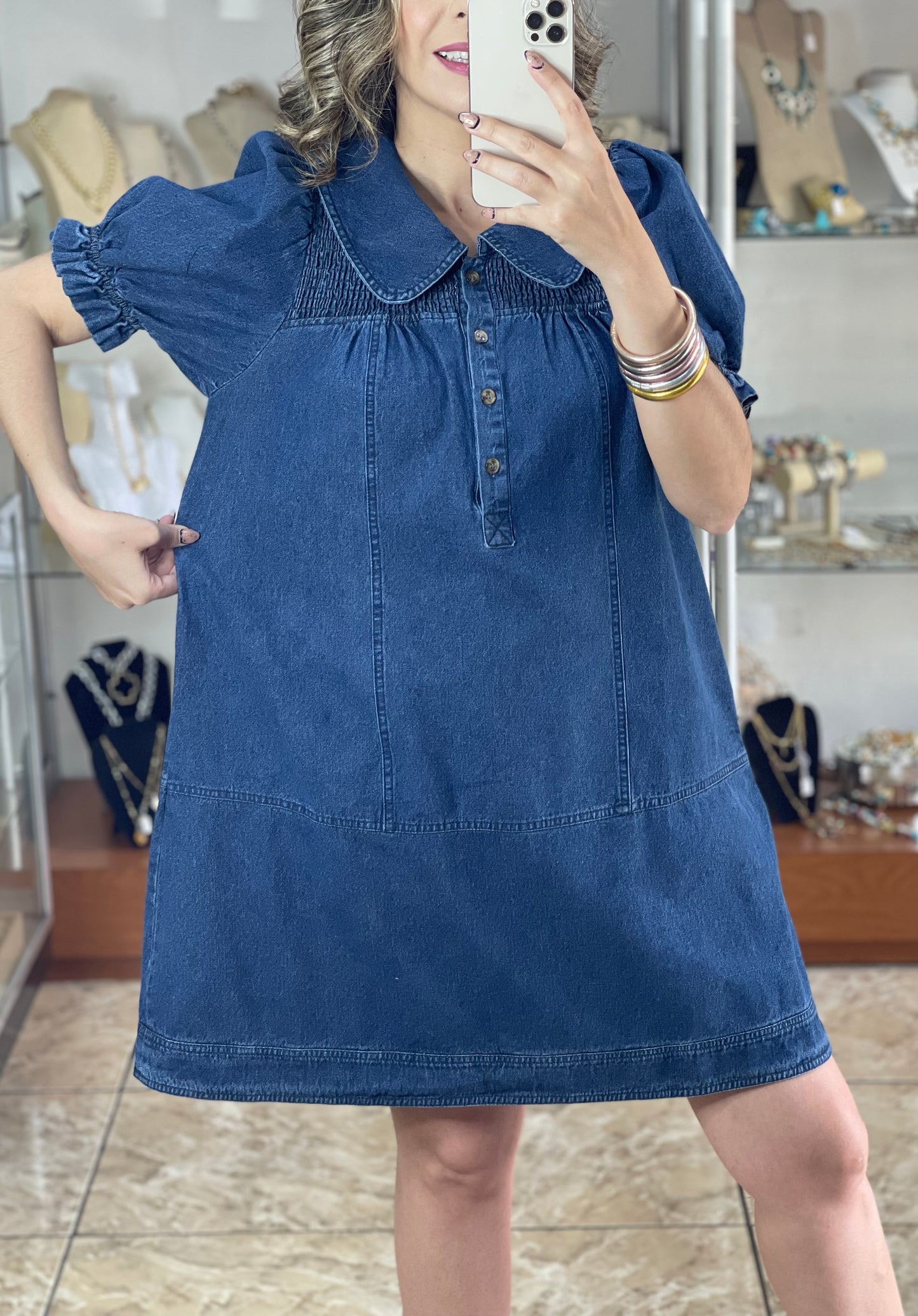 Puff Sleeve Peter Pan Collar Denim Dress