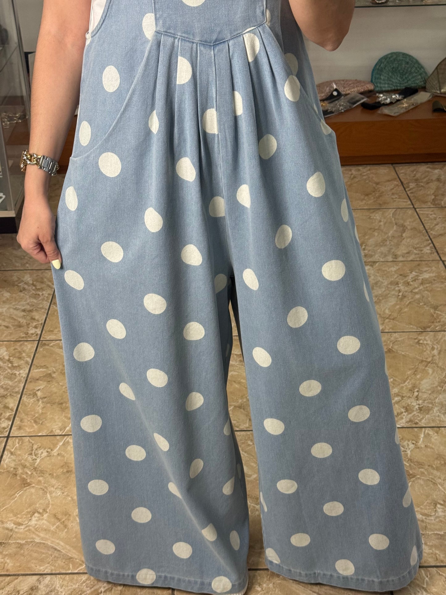 Denim Polkadot Overall Jumpsuit