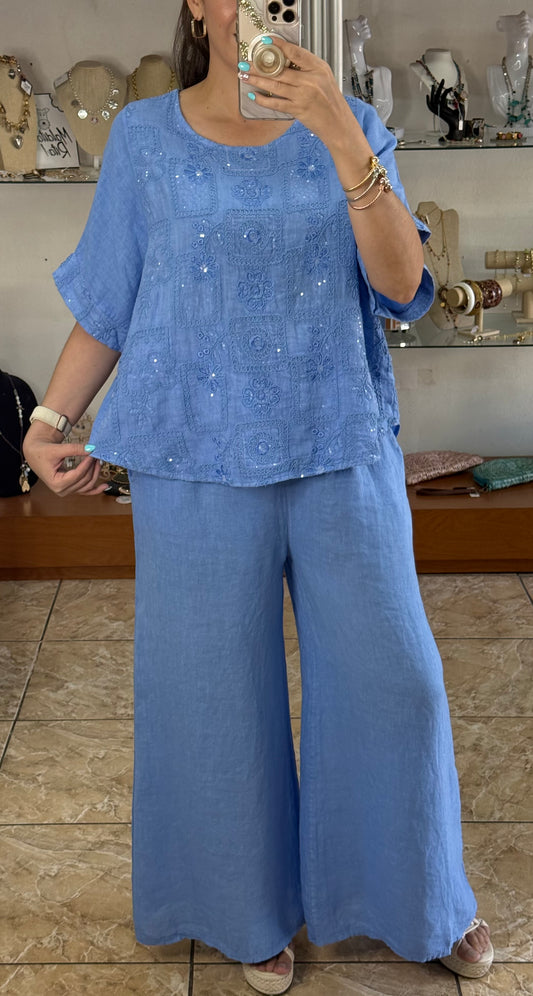 OS Embroidered Top and Pant Linen Set (NO RETURNS OR EXCHANGE)