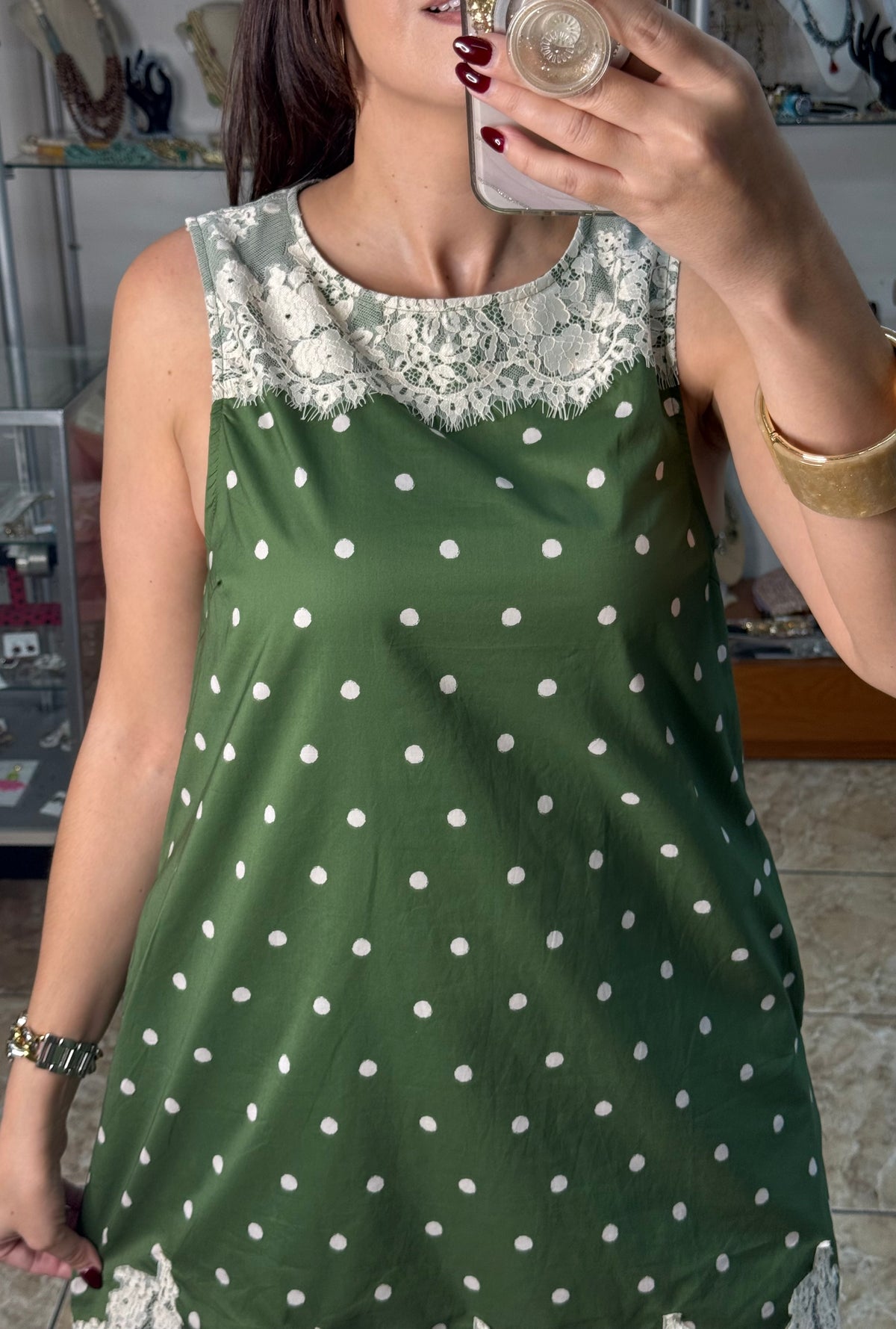 Sleeveless Olive Polkadot with Lace Details Dress