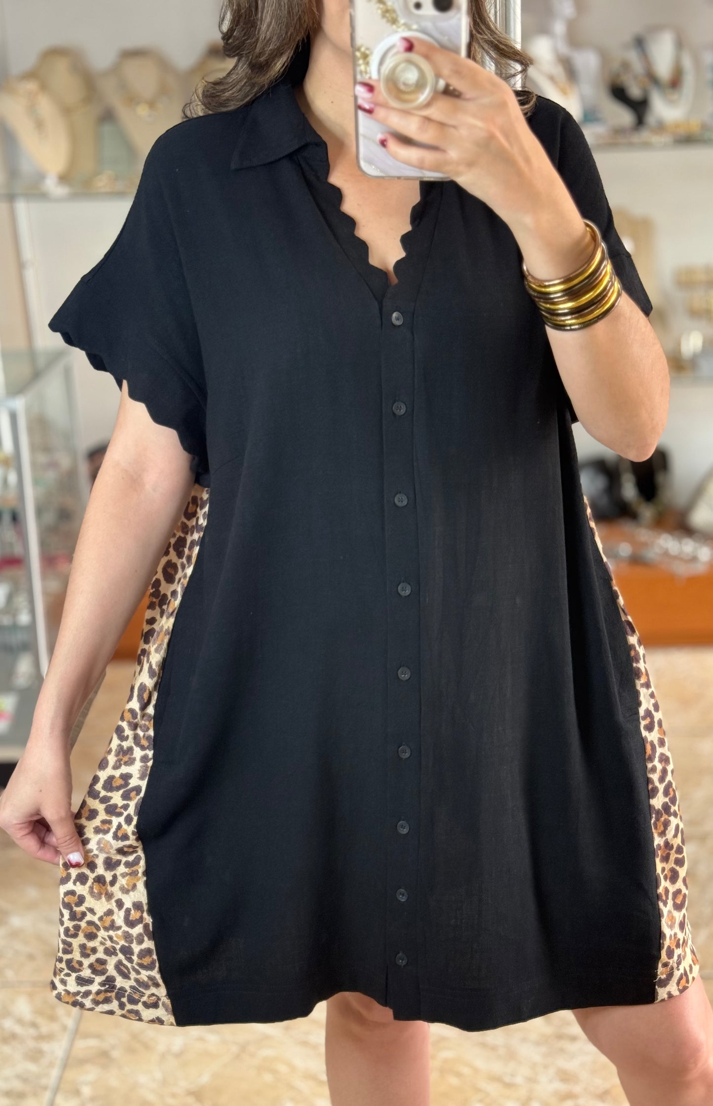 Black/Leopard Button Down Dress