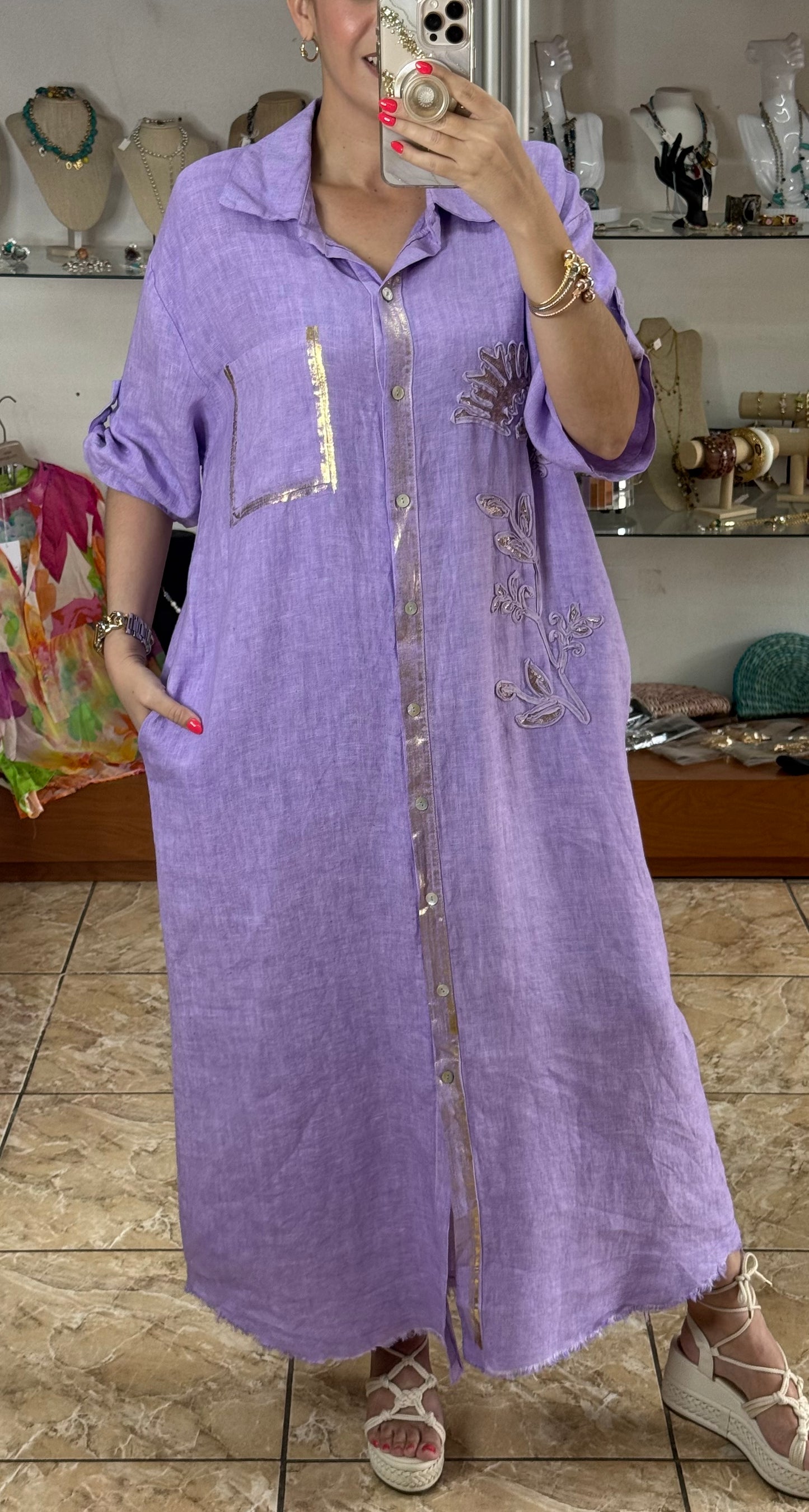 Gold Details Button Down OS Linen Maxi Dress (NO RETURNS OR EXCHANGE)