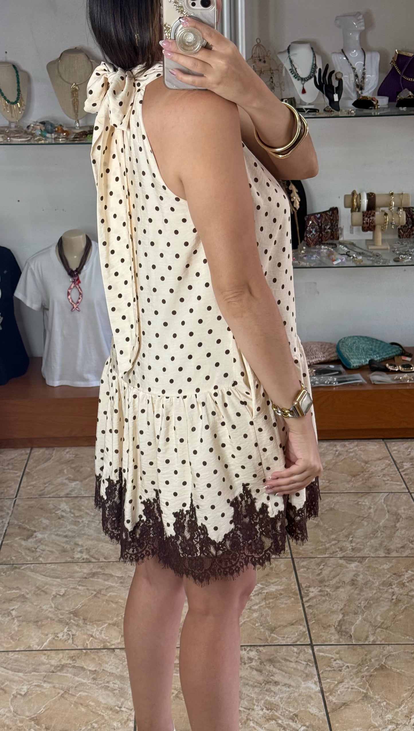 Ecru/Brown Polkadot Halter Mini Dress