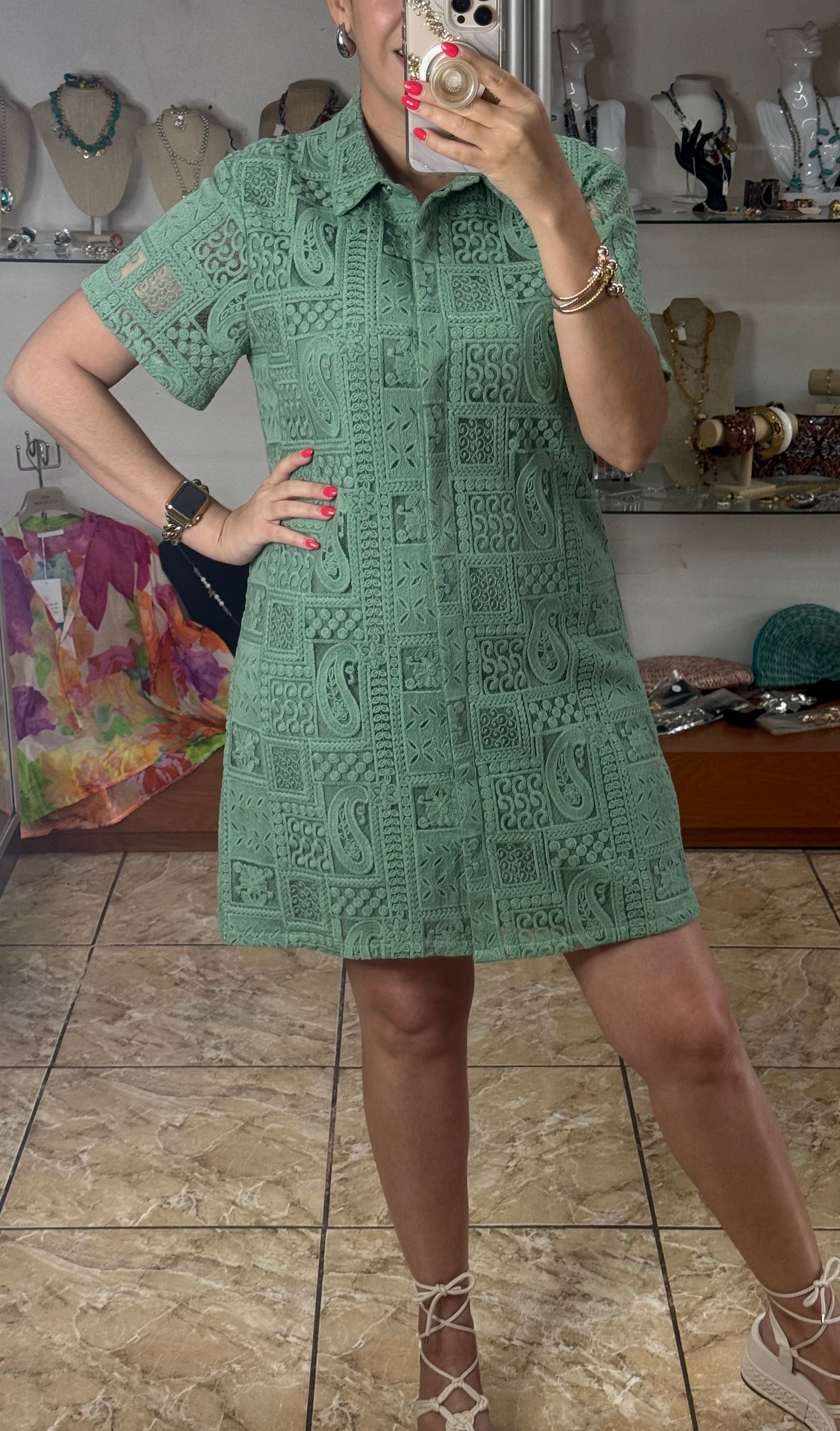 Sage Lace Button Down Dress