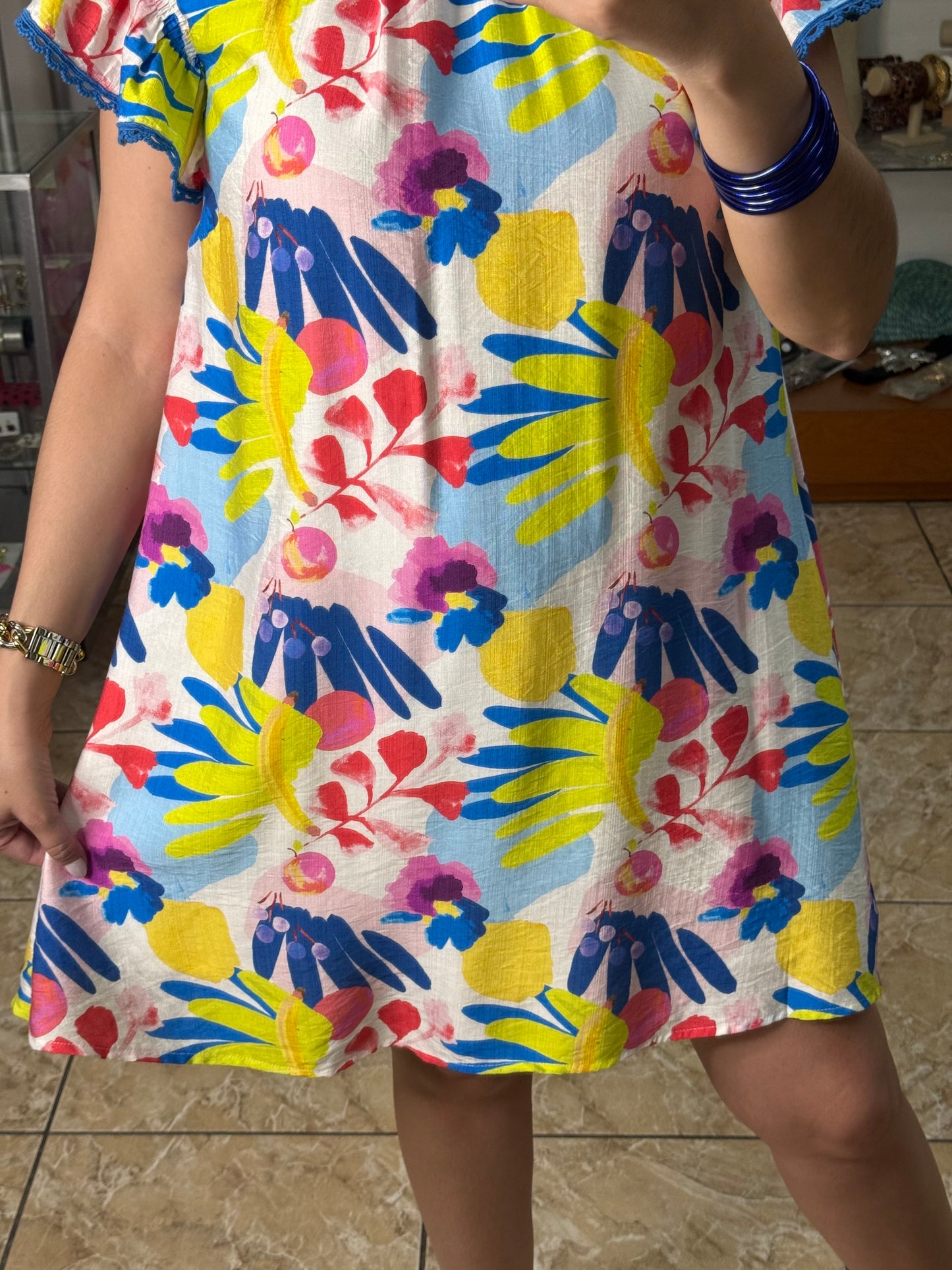 Blue Mix Flutter Sleeves Floral Dress