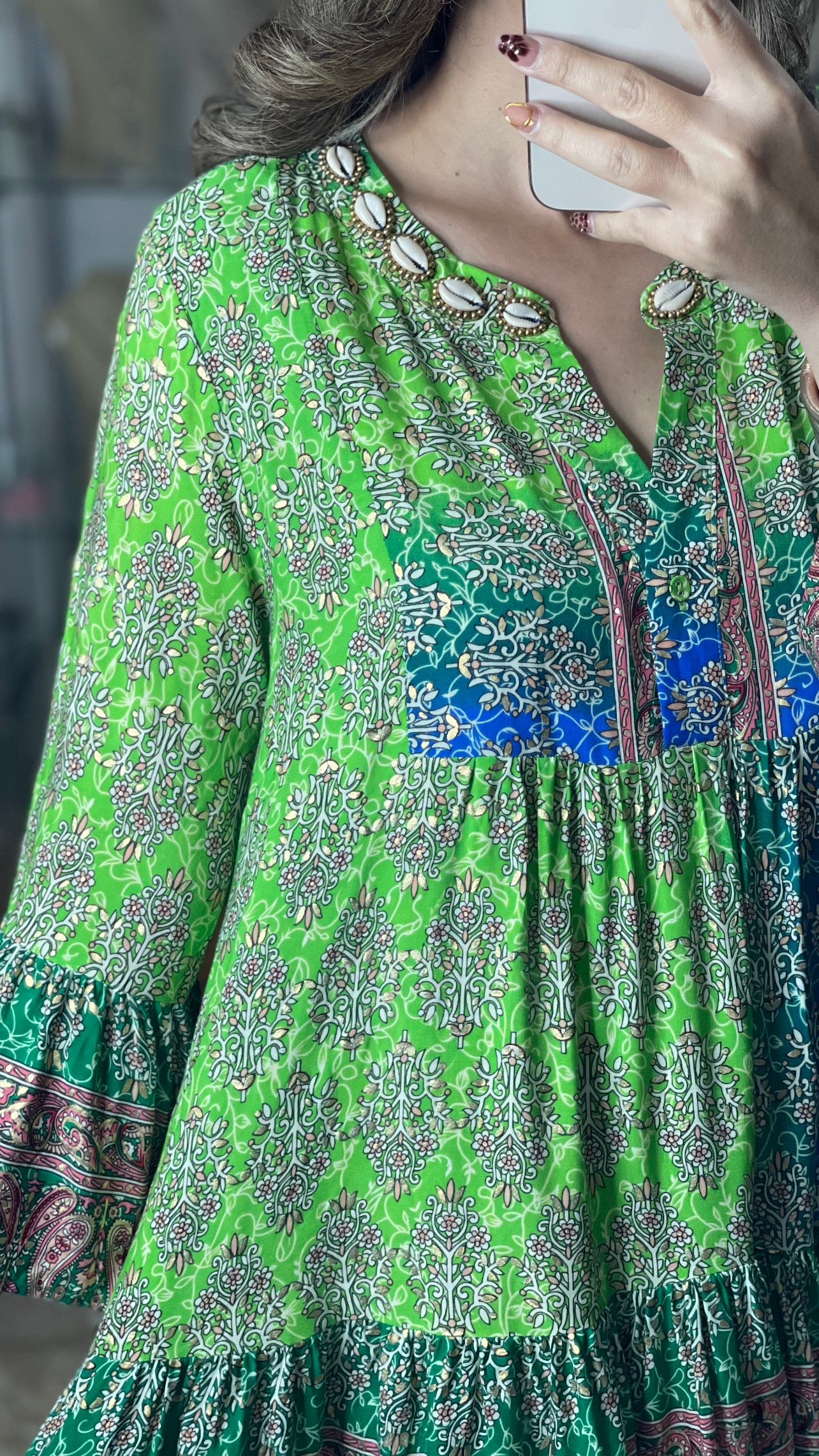 Green/Blue/Gold Short Boho Dress