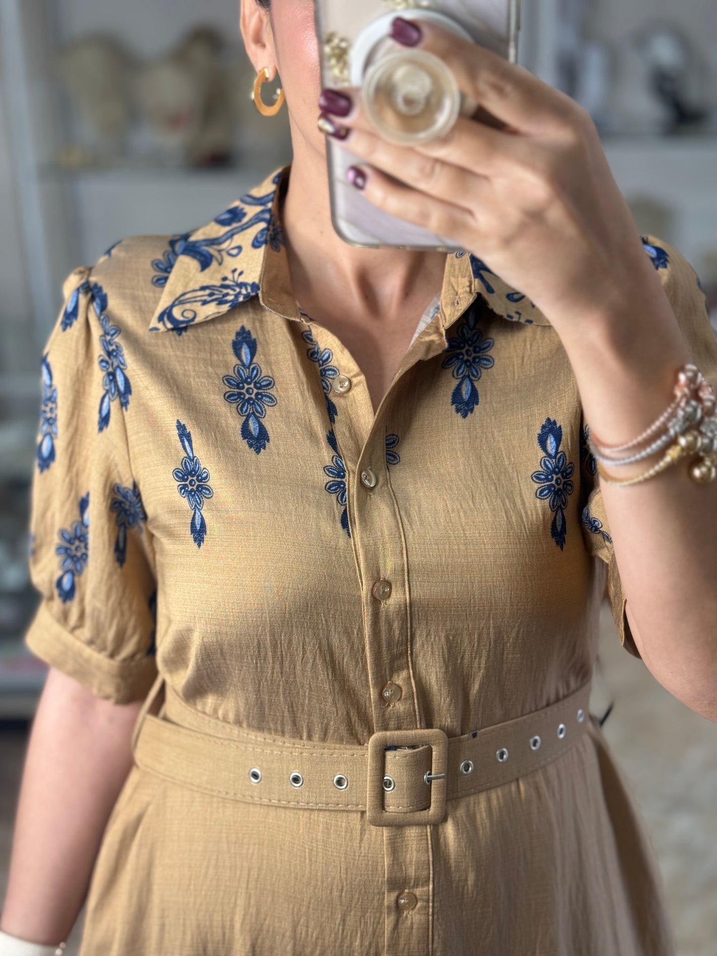 Khaki/Blue Maxi Floral Button Down Dress (Reg and Plus)