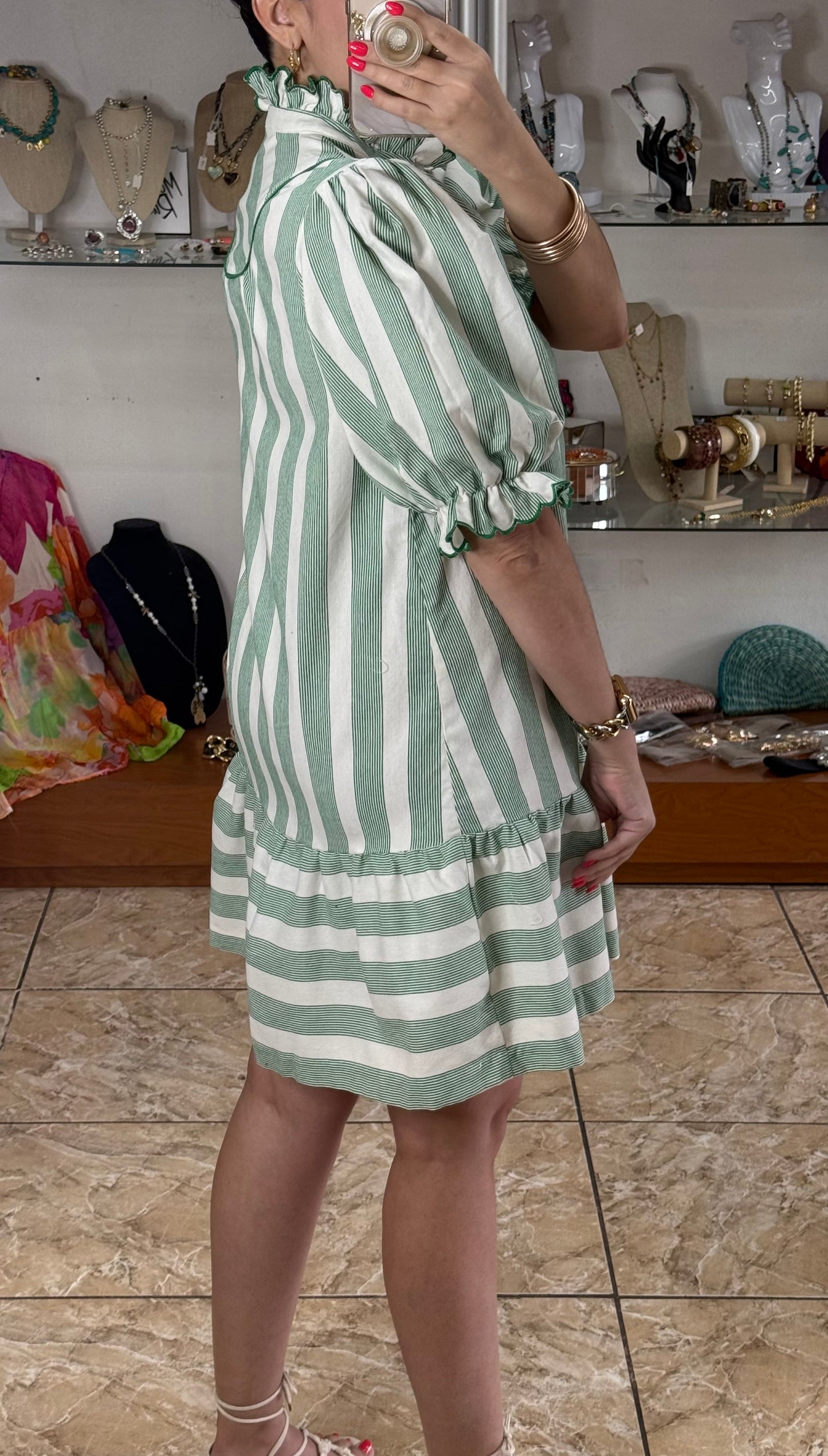 Green Stripes Ruffle Dress