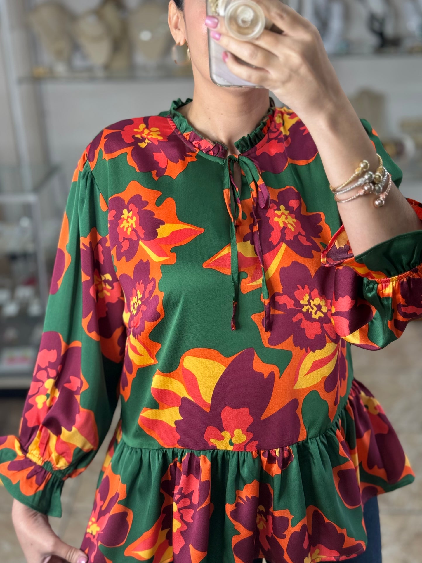 Green Floral Satin Top