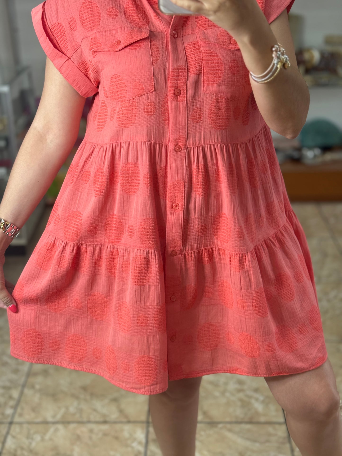 Coral Dobby Dot Jacquard Mini Dress