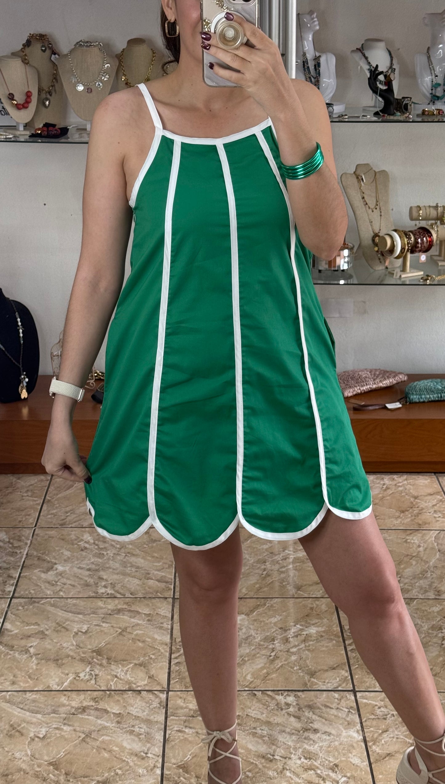 Green Scalloped Hem Mini Dress
