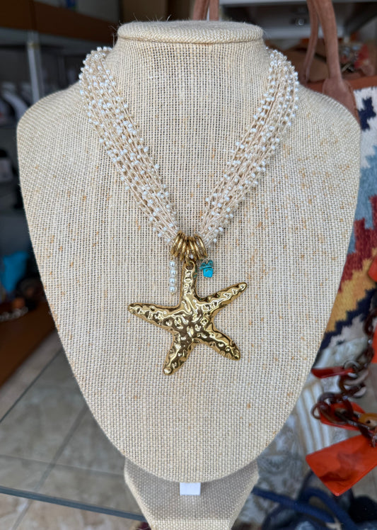 Starfish, Pearls and Turquoise Stone Necklace (FINAL SALE)