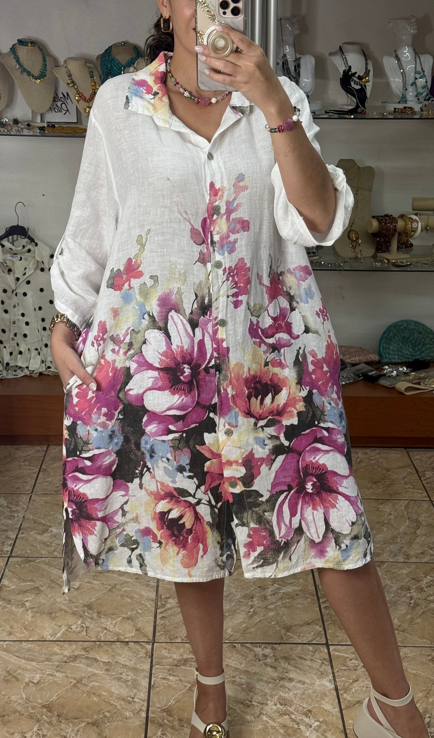 Pink Flowers OS Linen Dress (NO RETURNS OR EXCHANGE)