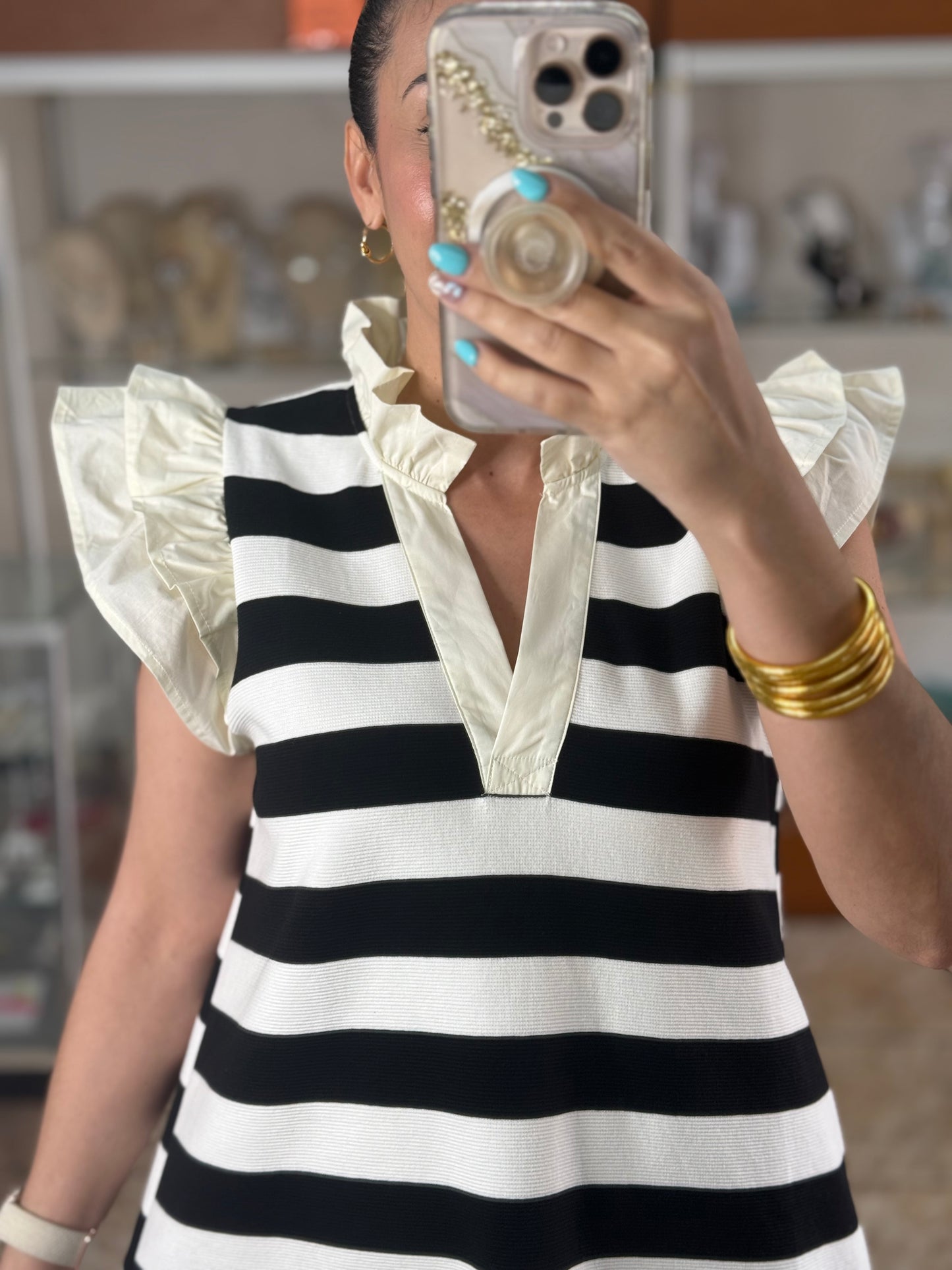 Ruffle Sleeve Black Stripes Dress