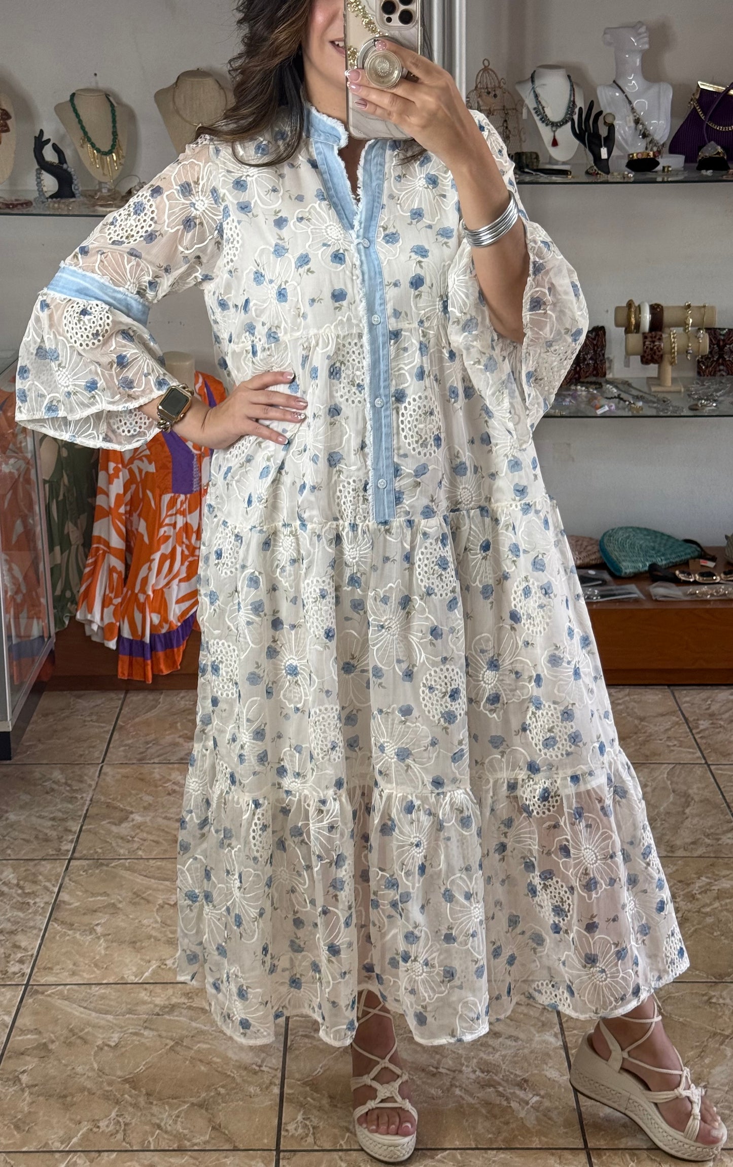 Blue Flowers OS Embroidered Maxi Dress (NO RETURNS OR EXCHANGE)