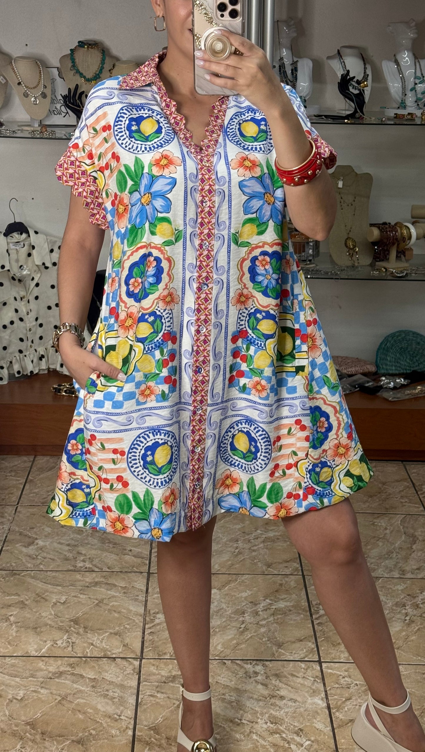 Blue Mix Mediterranean Print Dress