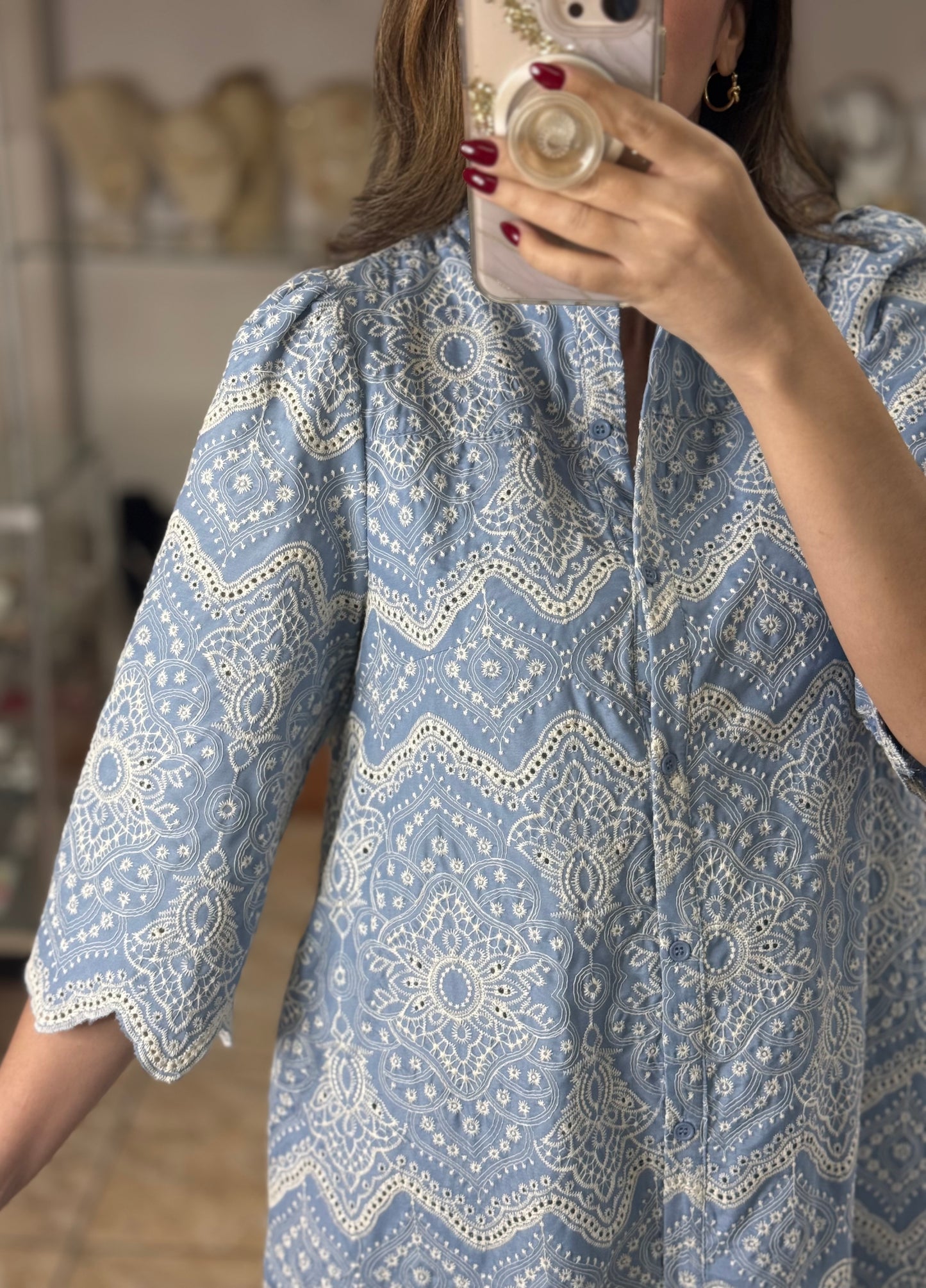 Blue Embroidered Eyelet Midi Dress