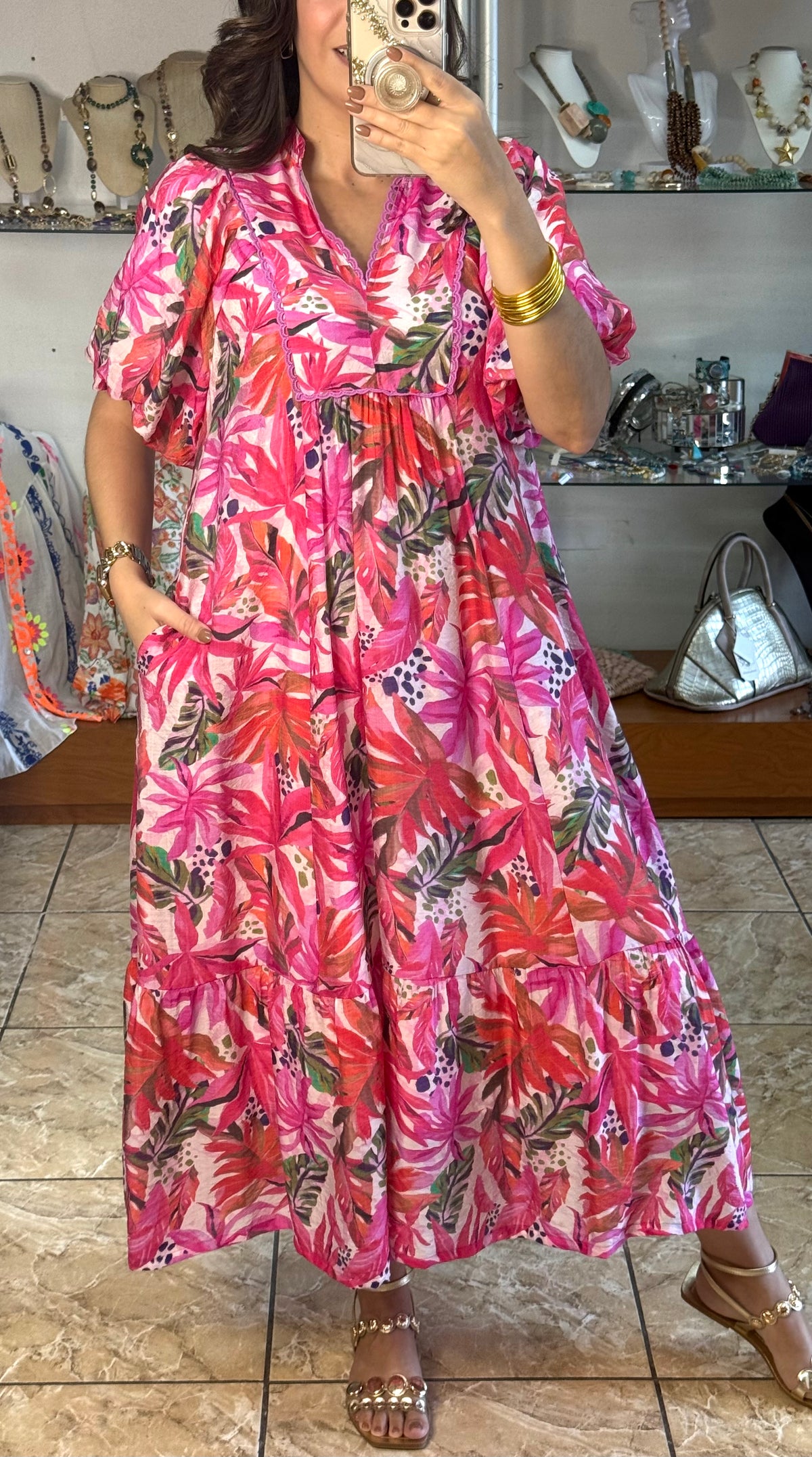 Hot Pink Tropical Midi Dress