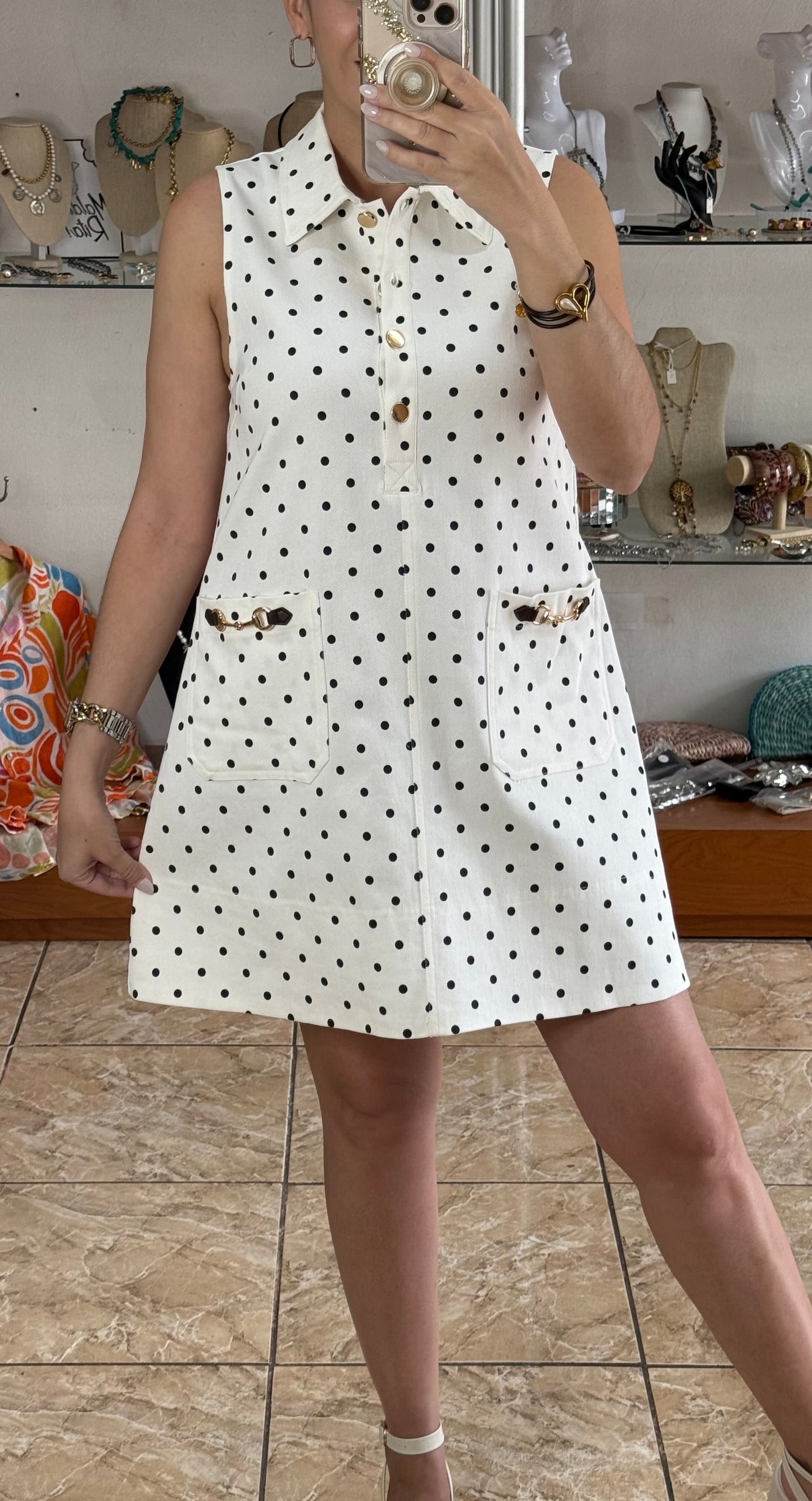 Polkadots Gold Buttons Mini Dress (NO RETURNS OR EXCHANGE)