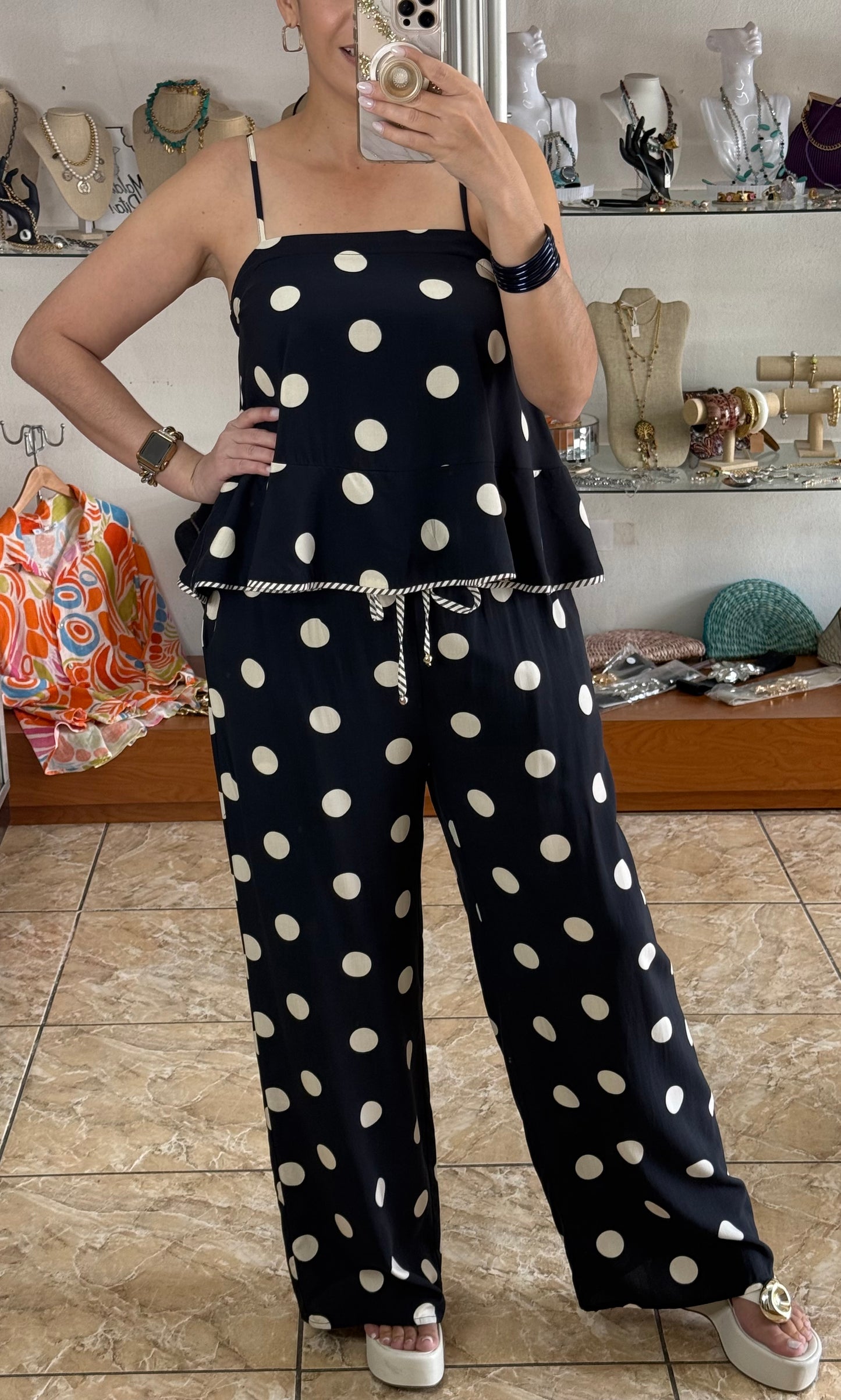 Black/Beige Polkadots Pant Set