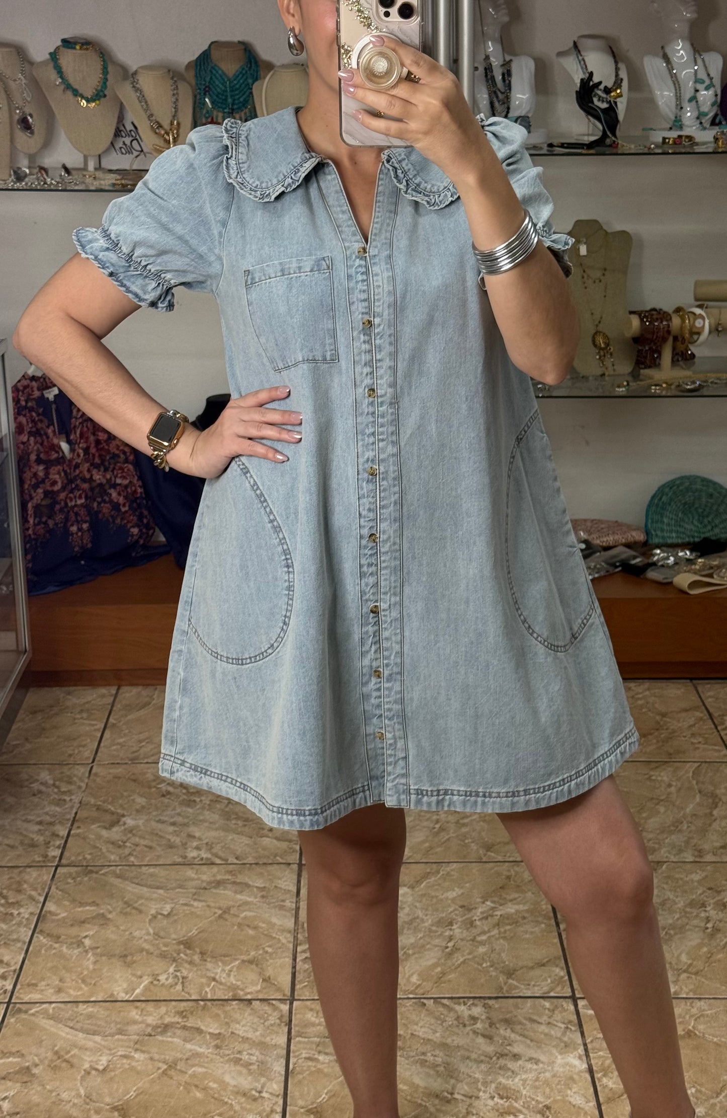 Peter Pan Neckline Denim Dress