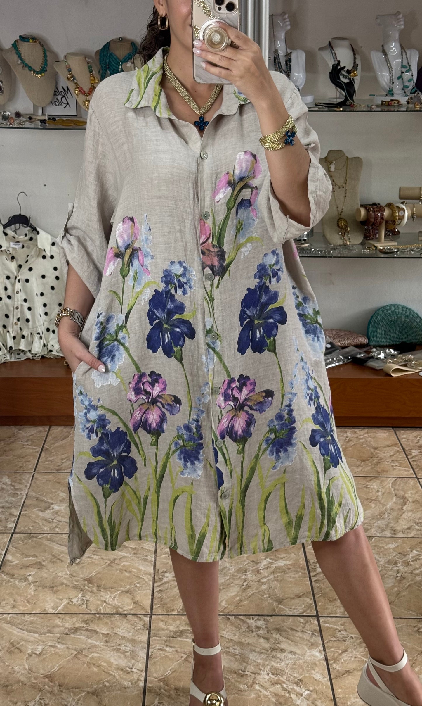 Blue Flowers OS Linen Dress (NO RETURNS OR EXCHANGE)