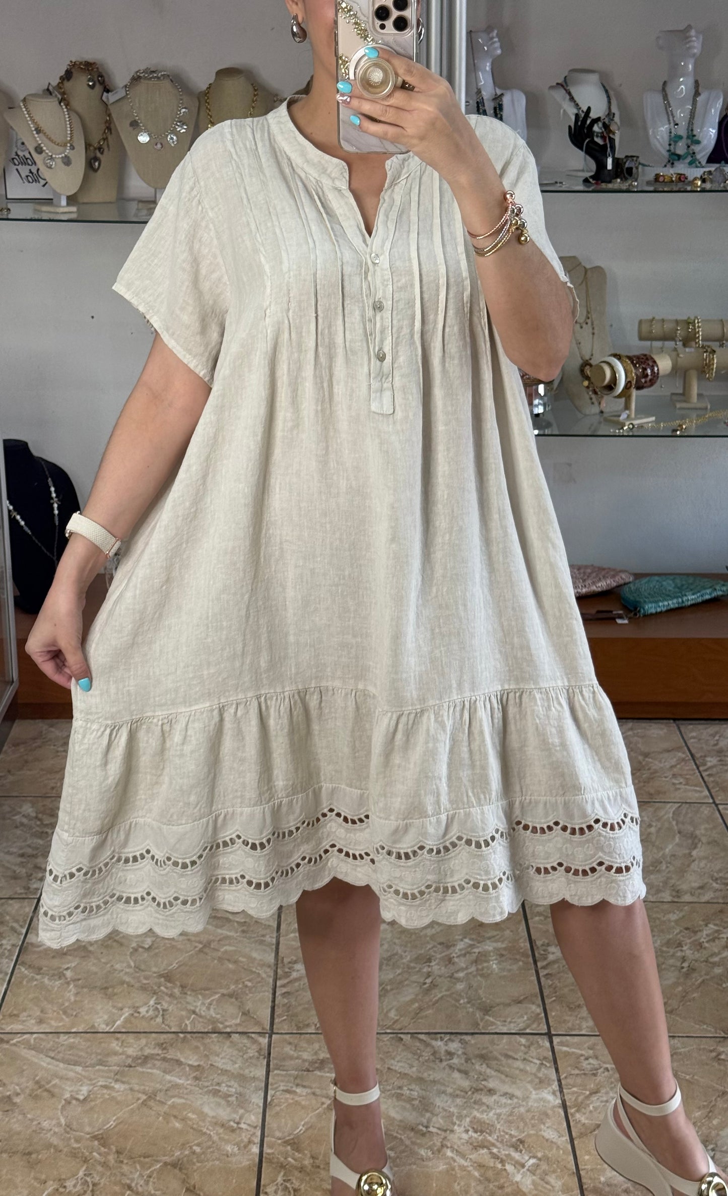 Eyelet Trim OS Linen Midi Dress (FINAL SALE)