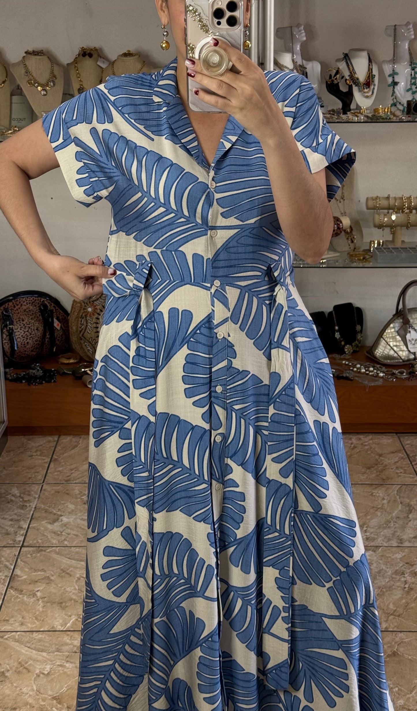 Blue Leaves Belted Maxi Dress