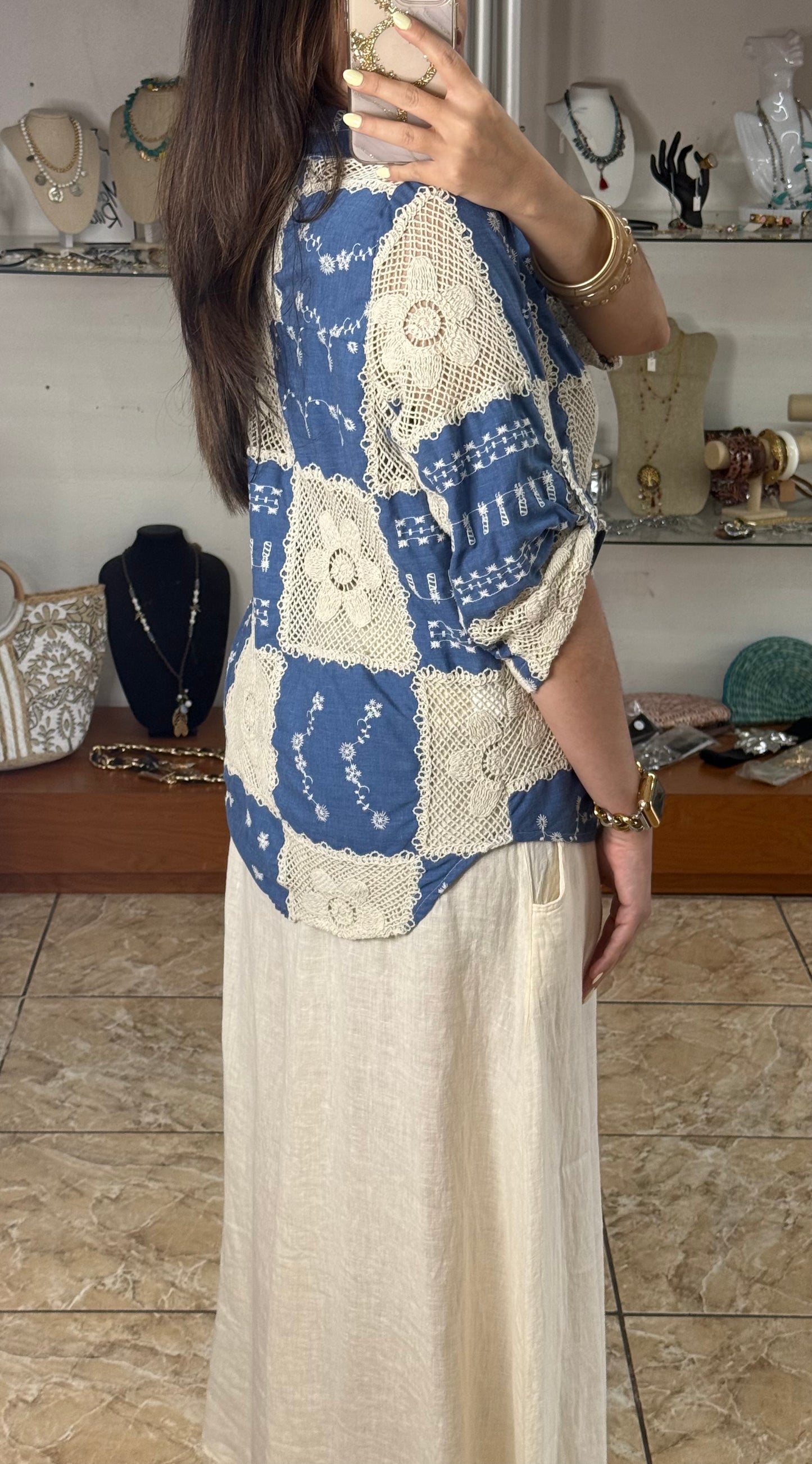 OS Blue Crochet/Embroidered Top (NO RETURNS OR EXCHANGE)