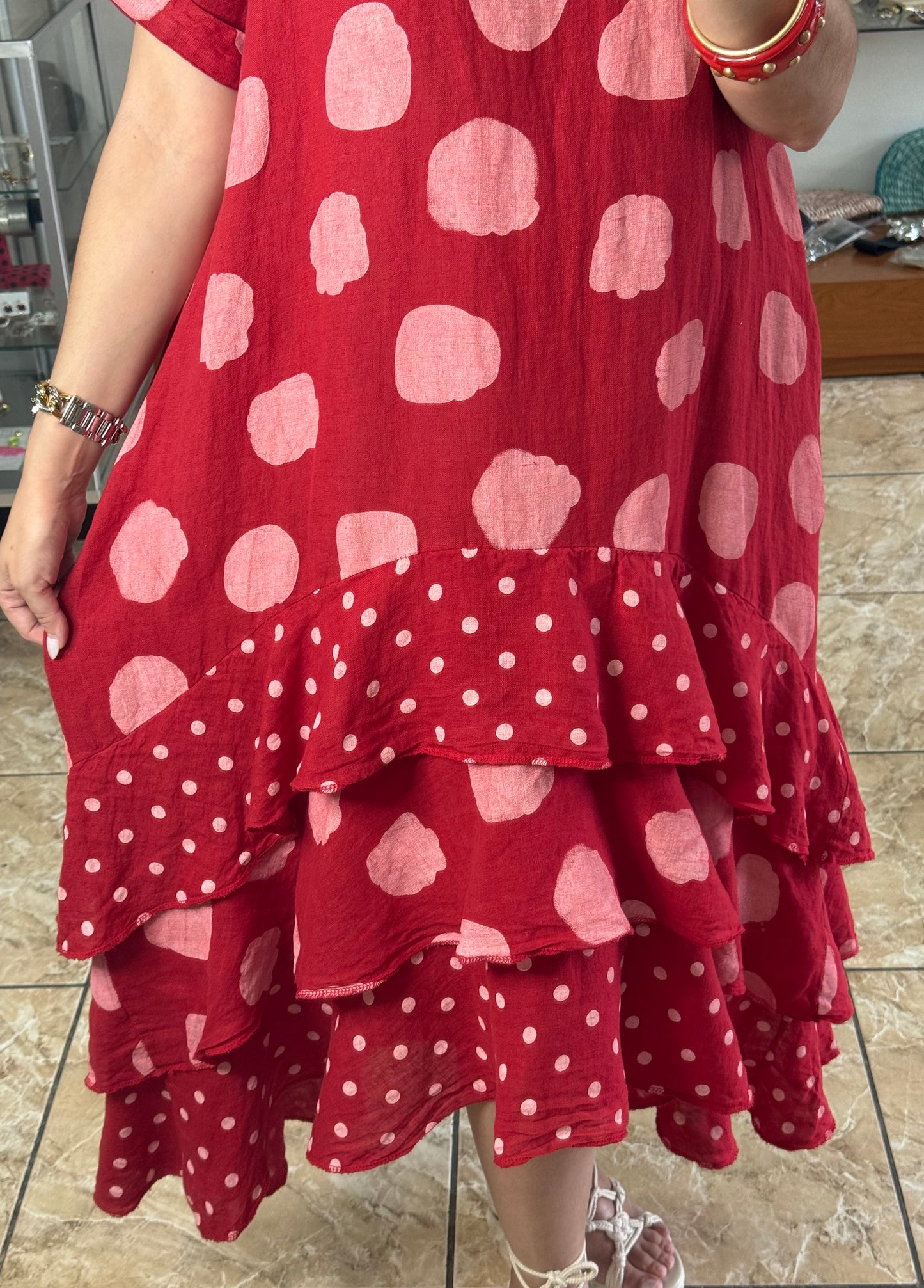 Polka OS Ruffle Tiered Linen Midi Dress (NO RETURNS OR EXCHANGE)