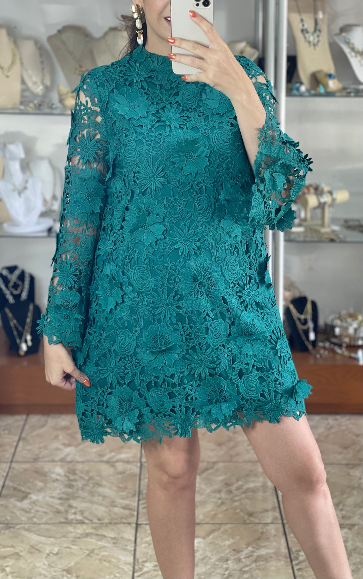 Teal Lace Mini Dress