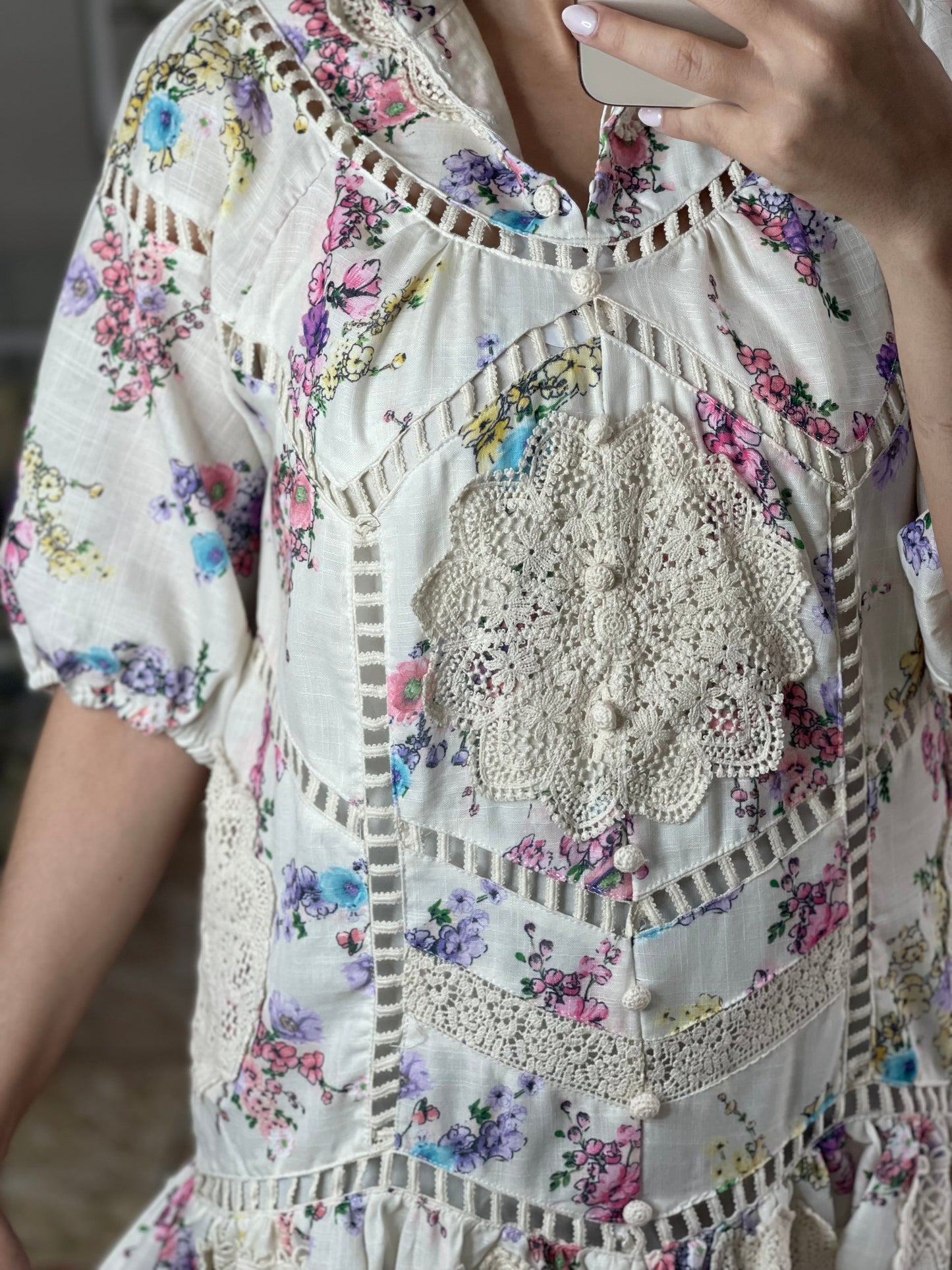 Floral with Crochet Details Short Dress