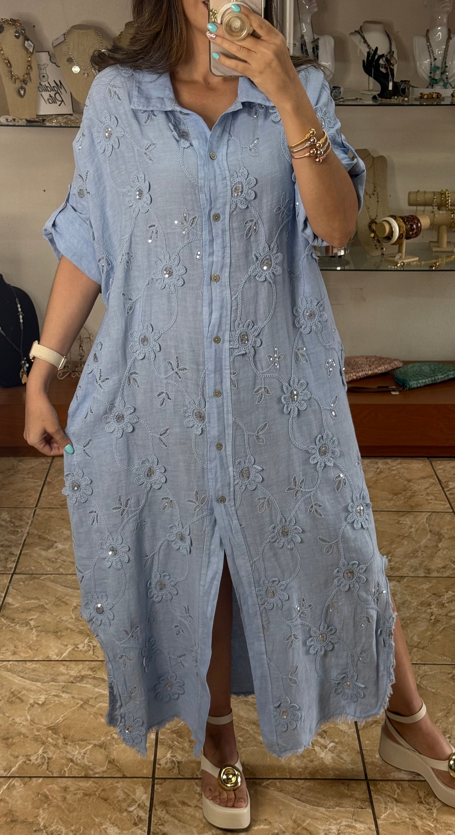 OS Embroidered/Sequins Linen Maxi Dress (NO RETURNS OR EXCHANGE)