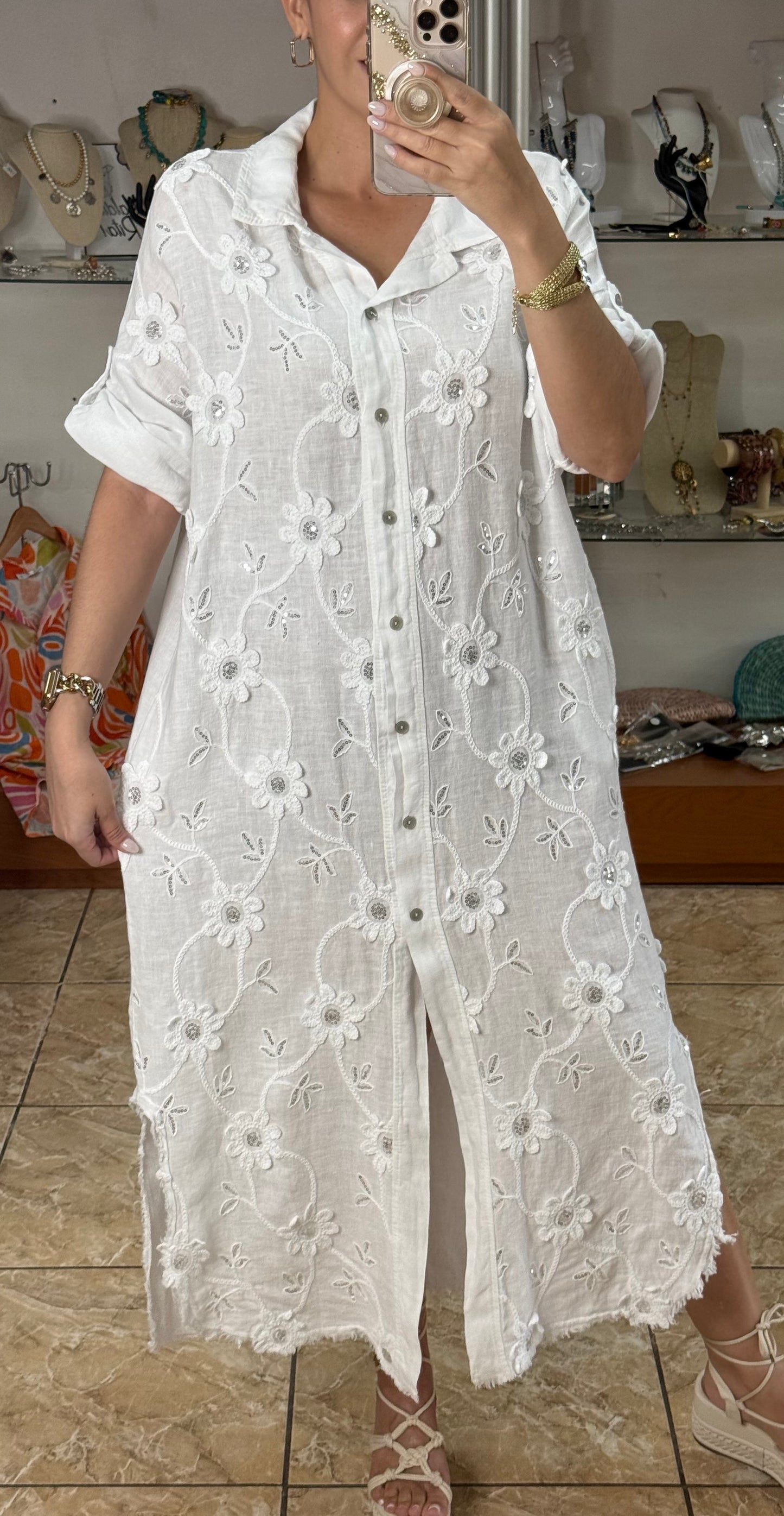 OS Embroidered/Sequins Linen Maxi Dress (NO RETURNS OR EXCHANGE)