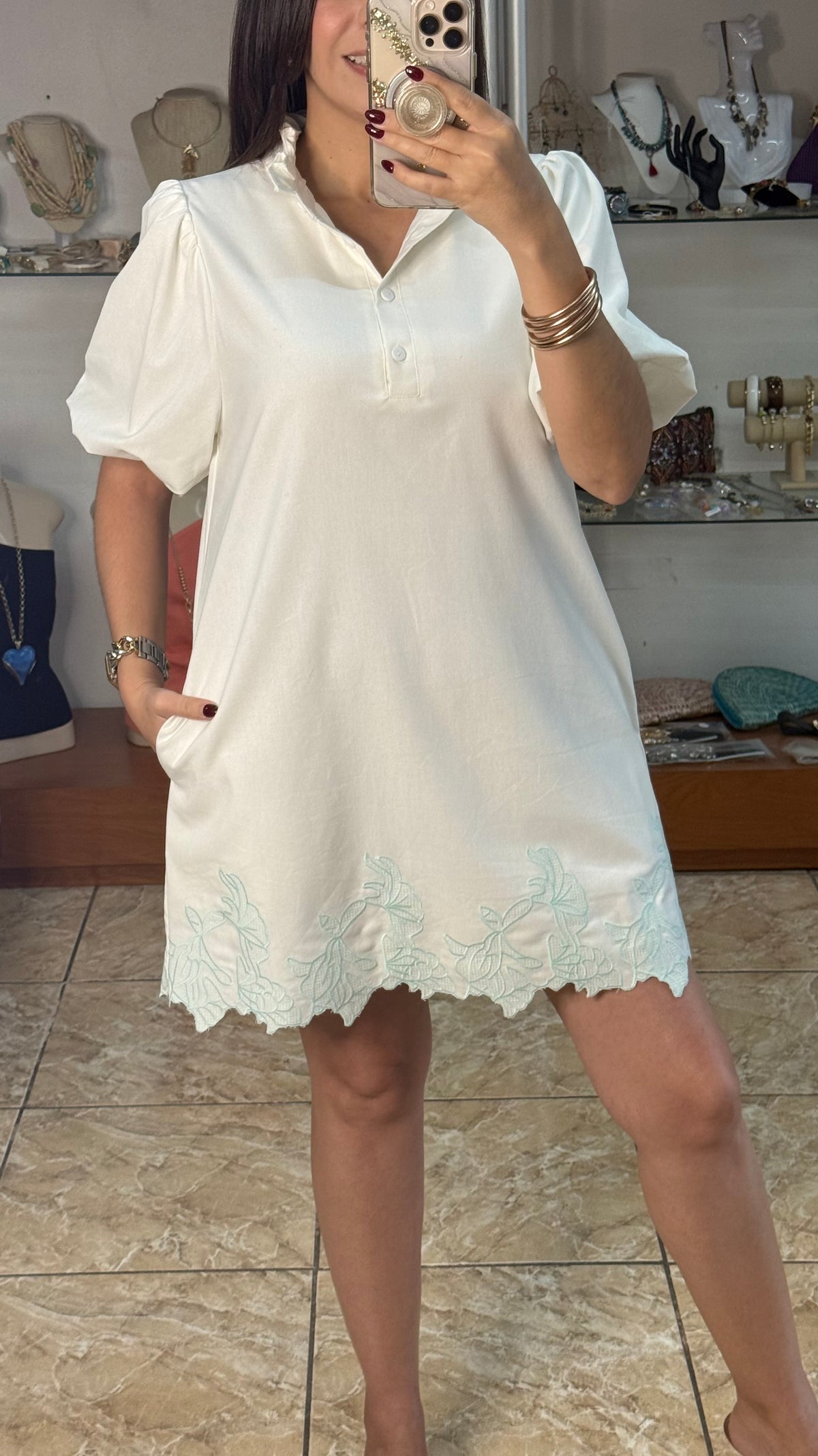 Bubble Sleeve Ruffled Neck Mini Dress