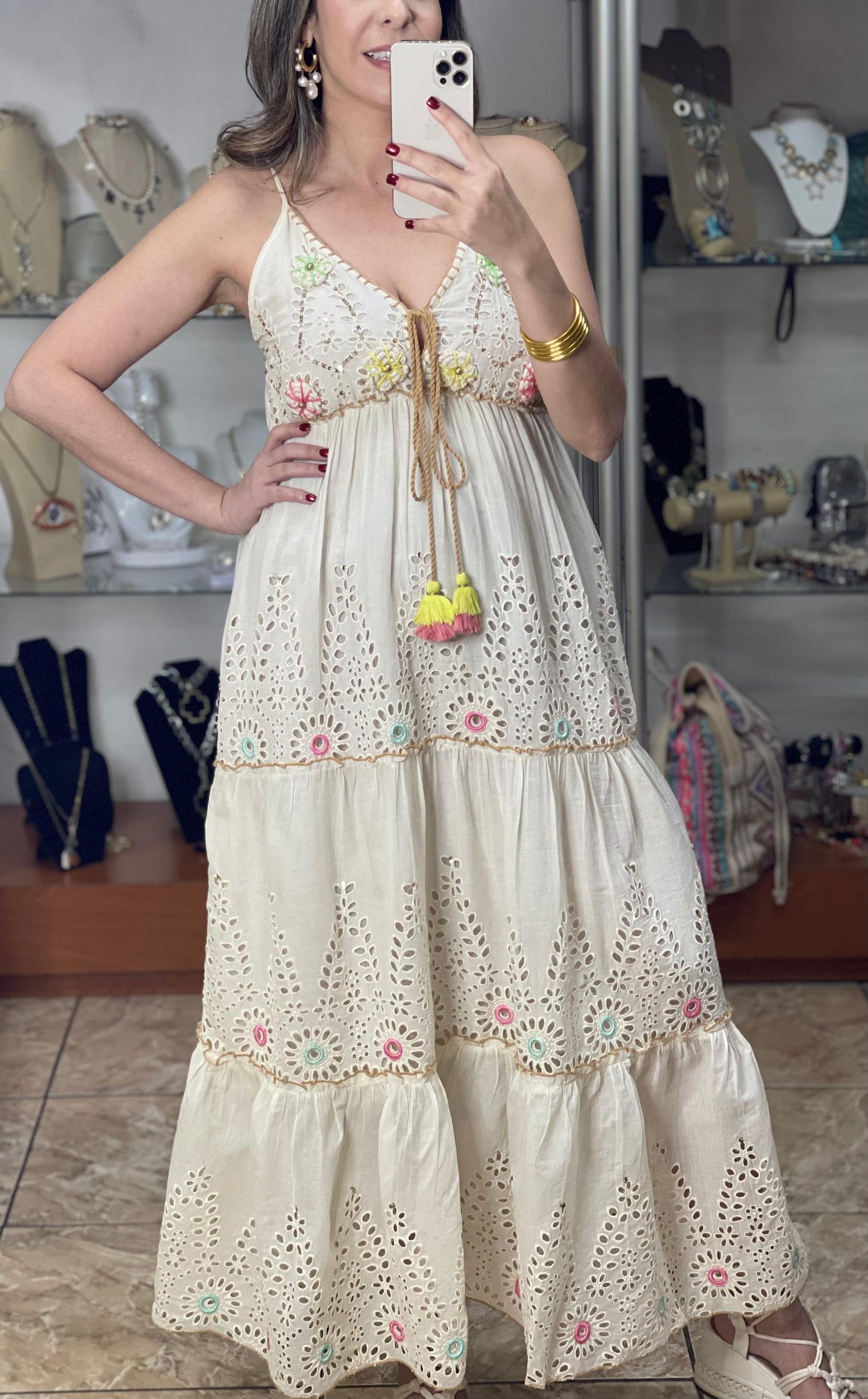 Cream Boho Maxi with Eyelet Details