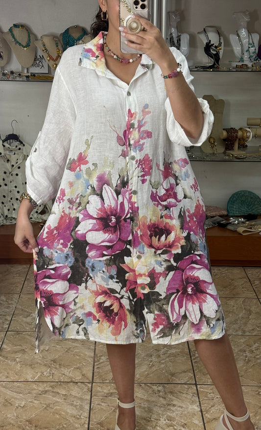 Pink Flowers OS Linen Dress (NO RETURNS OR EXCHANGE)
