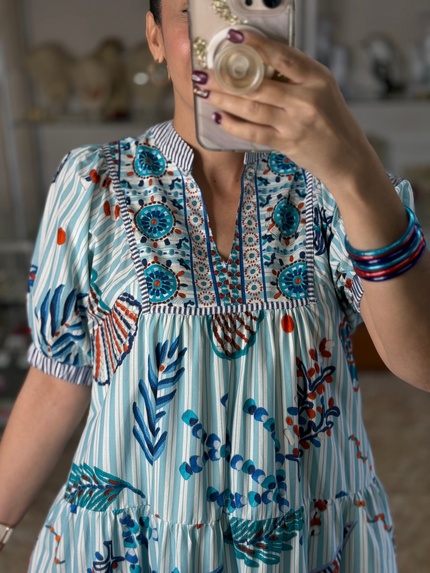 Blue Stripes and Shells Midi Dress