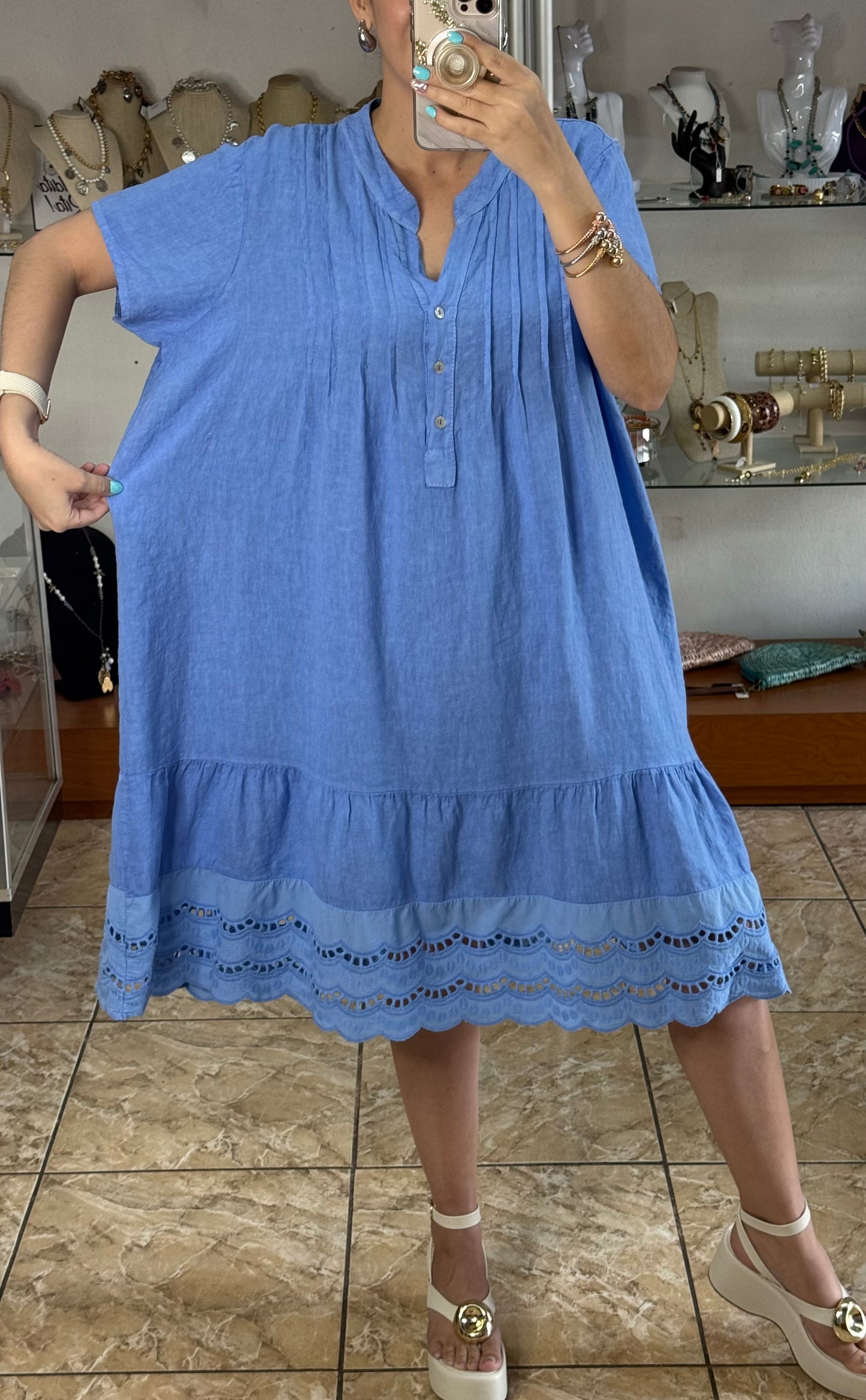 Eyelet Trim OS Linen Midi Dress (FINAL SALE)