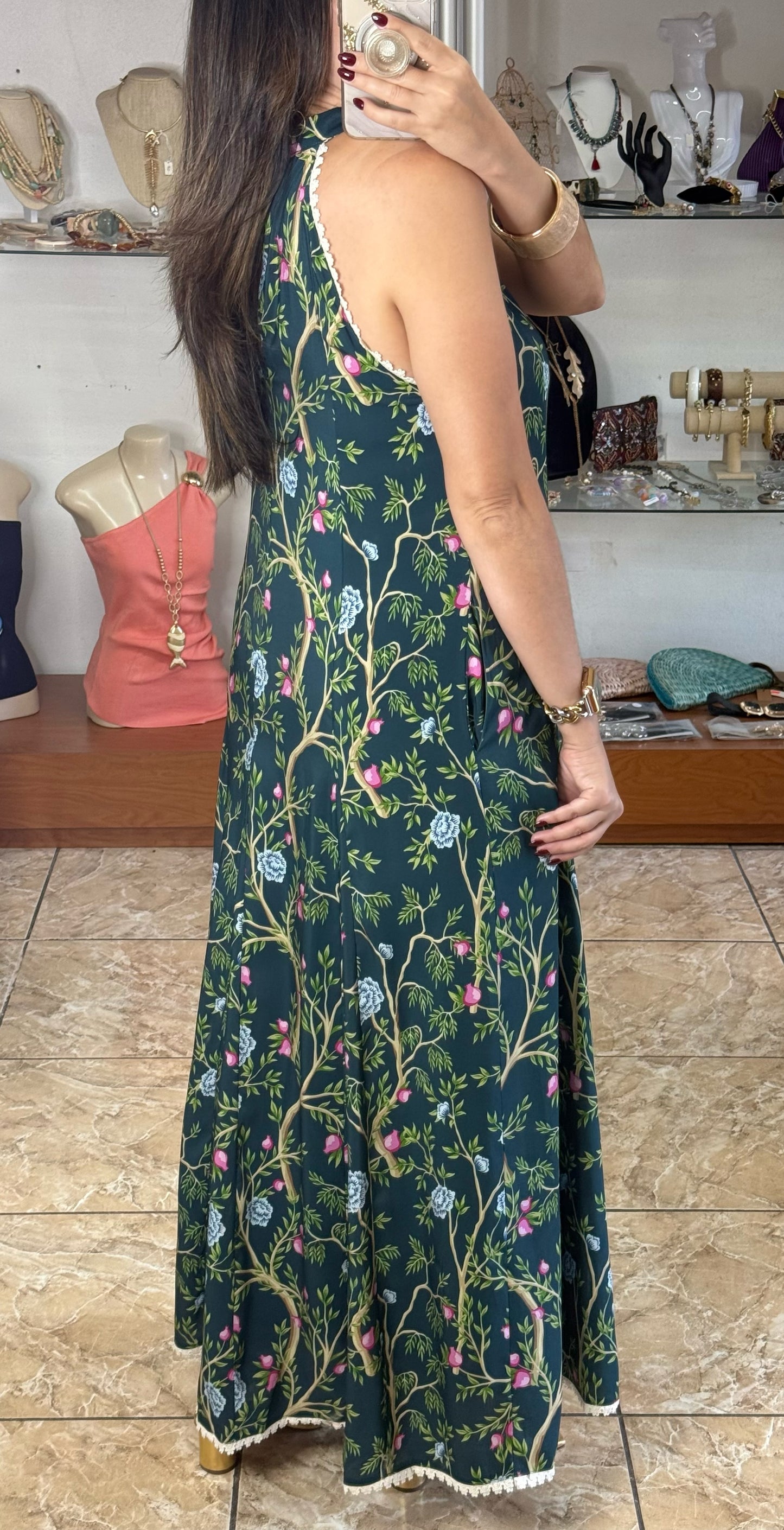 Halter Teal/Floral Maxi Dress