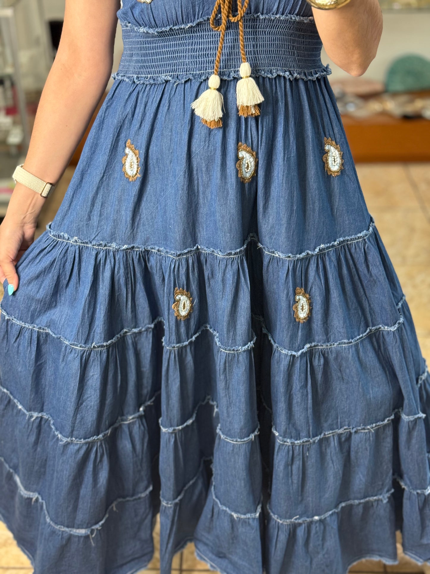 OS Embroidered Denim Maxi Dress (NO RETURNS OR EXCHANGE)