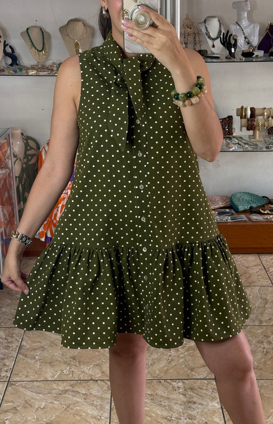 Olive Sleeveless Polkadot Mini Denim Dress