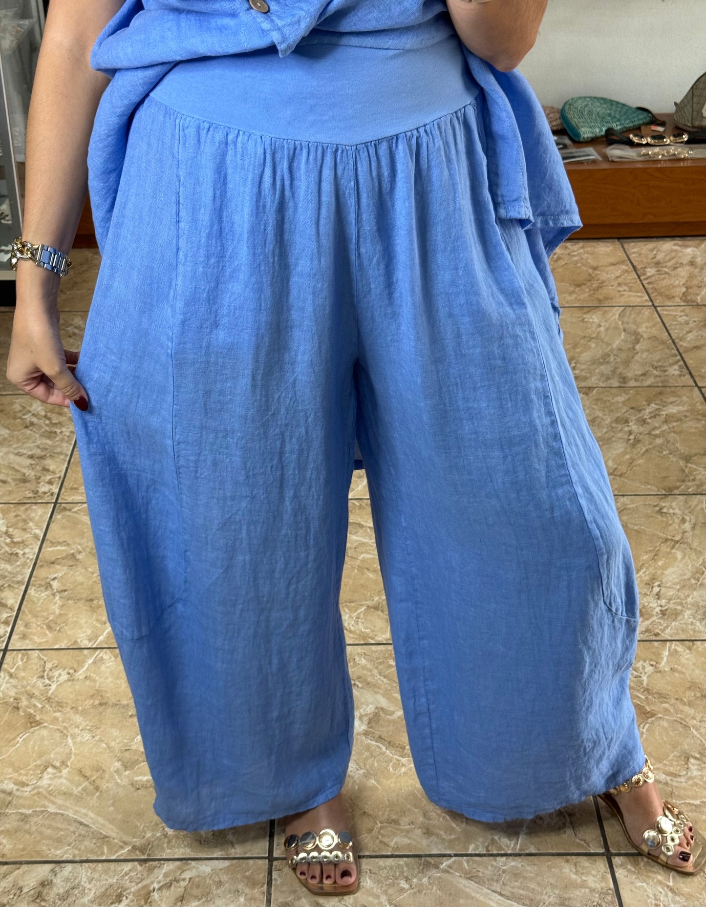 OS Linen Asymmetrical Top & Barrel Pant Set (NO RETURNS OR EXCHANGE)